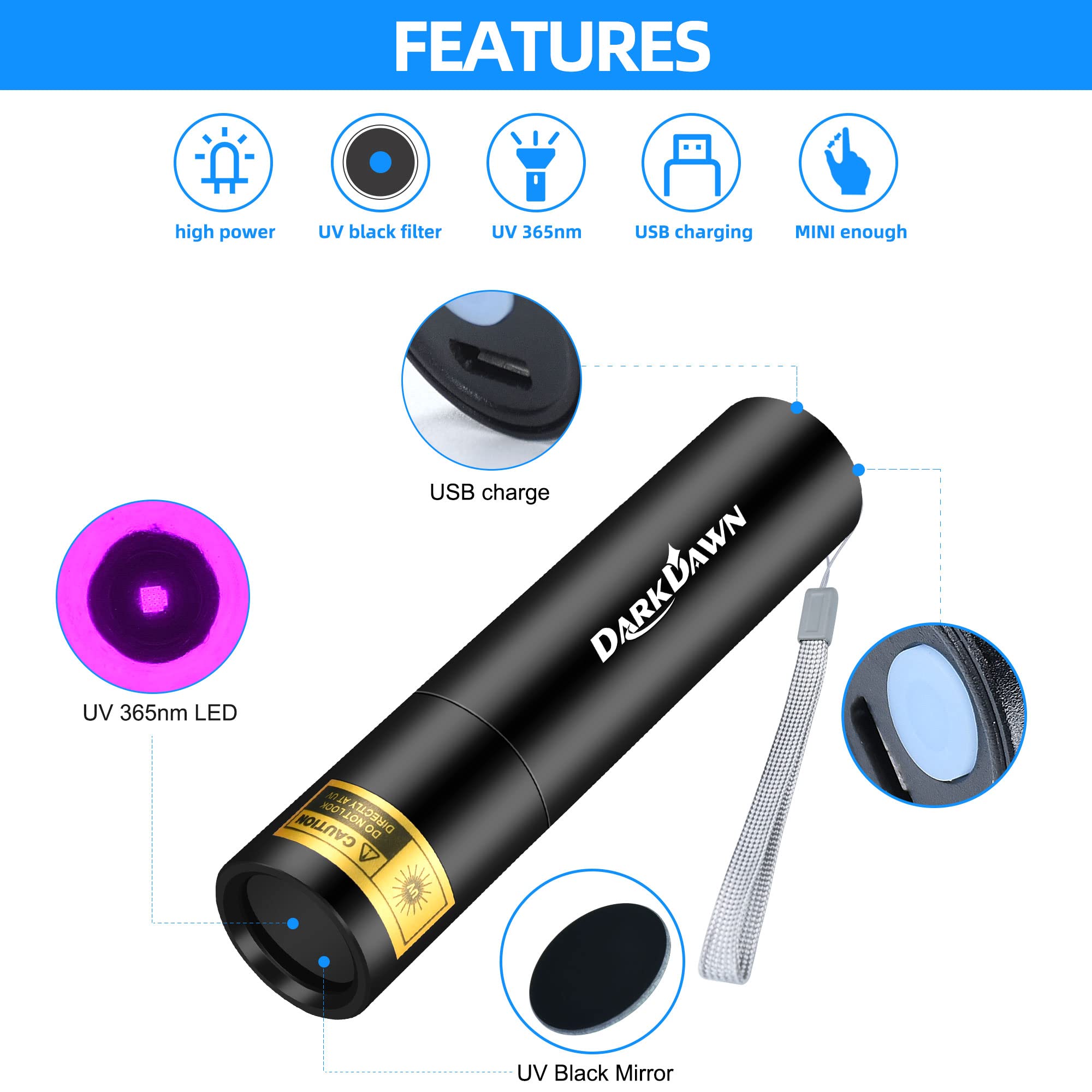 DARKDAWN UV Mini Flashlight 365nm USB Rechargeable Portable LED Blacklight V4-UV Filtered 1-Pack