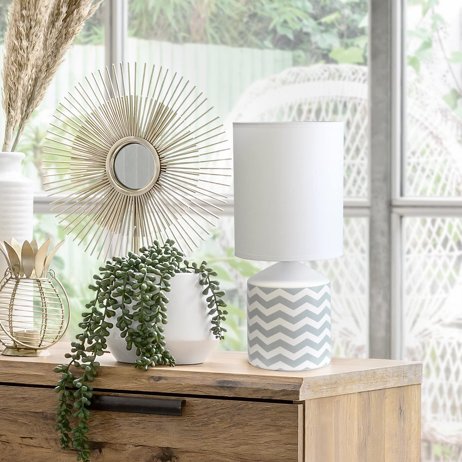Simple Designs Table Lamp LT2077-WAV, Chevron Pattern, Gray, 8.5inL x 8.5inW x 18.5inH, Ceramic Material