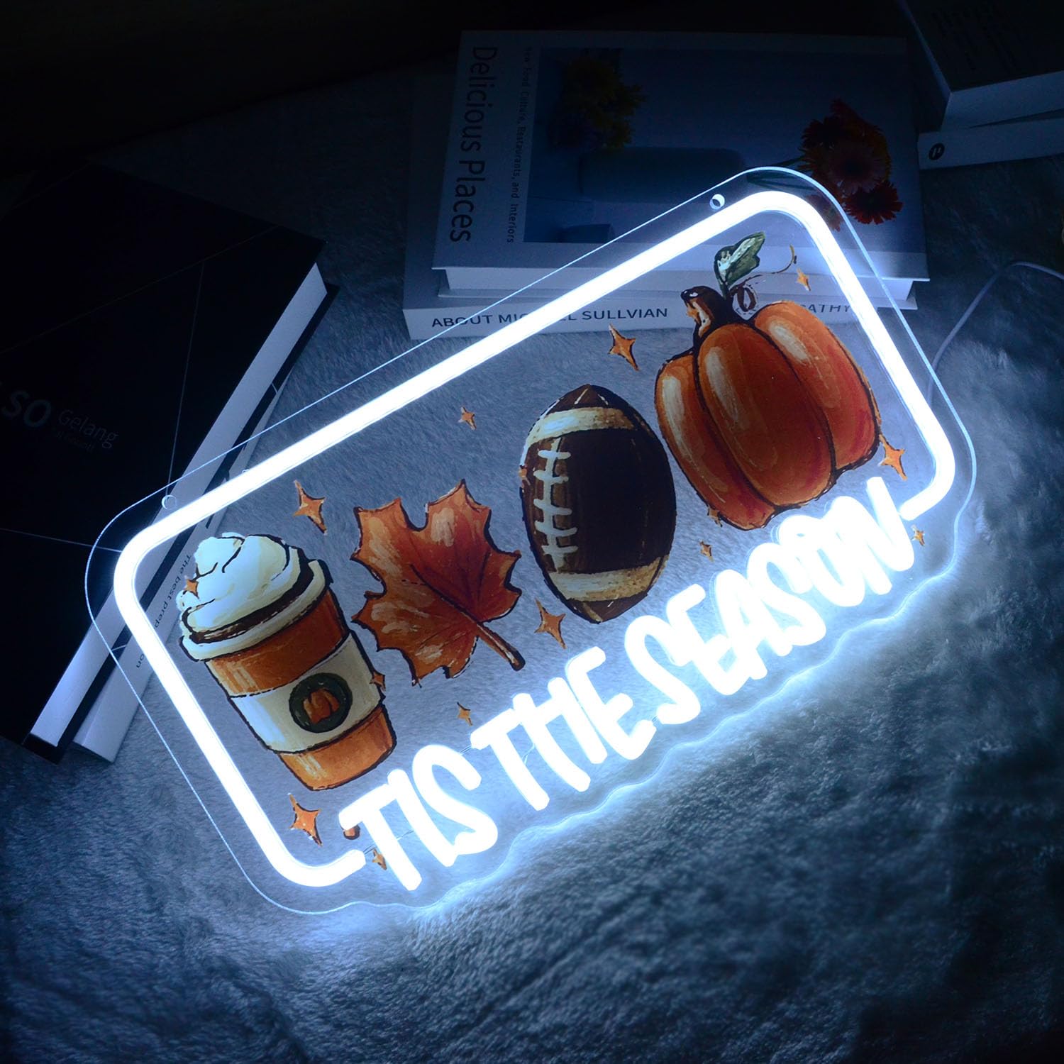 Tis The Season Neon Lights Latte Coffee Maple Leaf Football & Pumpkin Led Sign Inspirational Led Wall Art For Christmas Halloween Thanksgiving Sports Fan Cave Fall Decor Home Bar Or Cafe