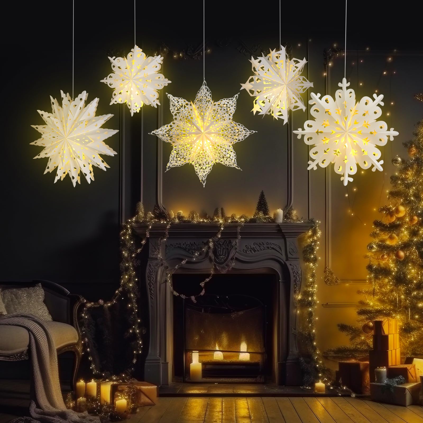 Mudder 5-Piece Snowflake Paper Lanterns with 7-Star Lights - Blue Cute Style Hanging Decorations for Weddings, Christmas & Birthdays