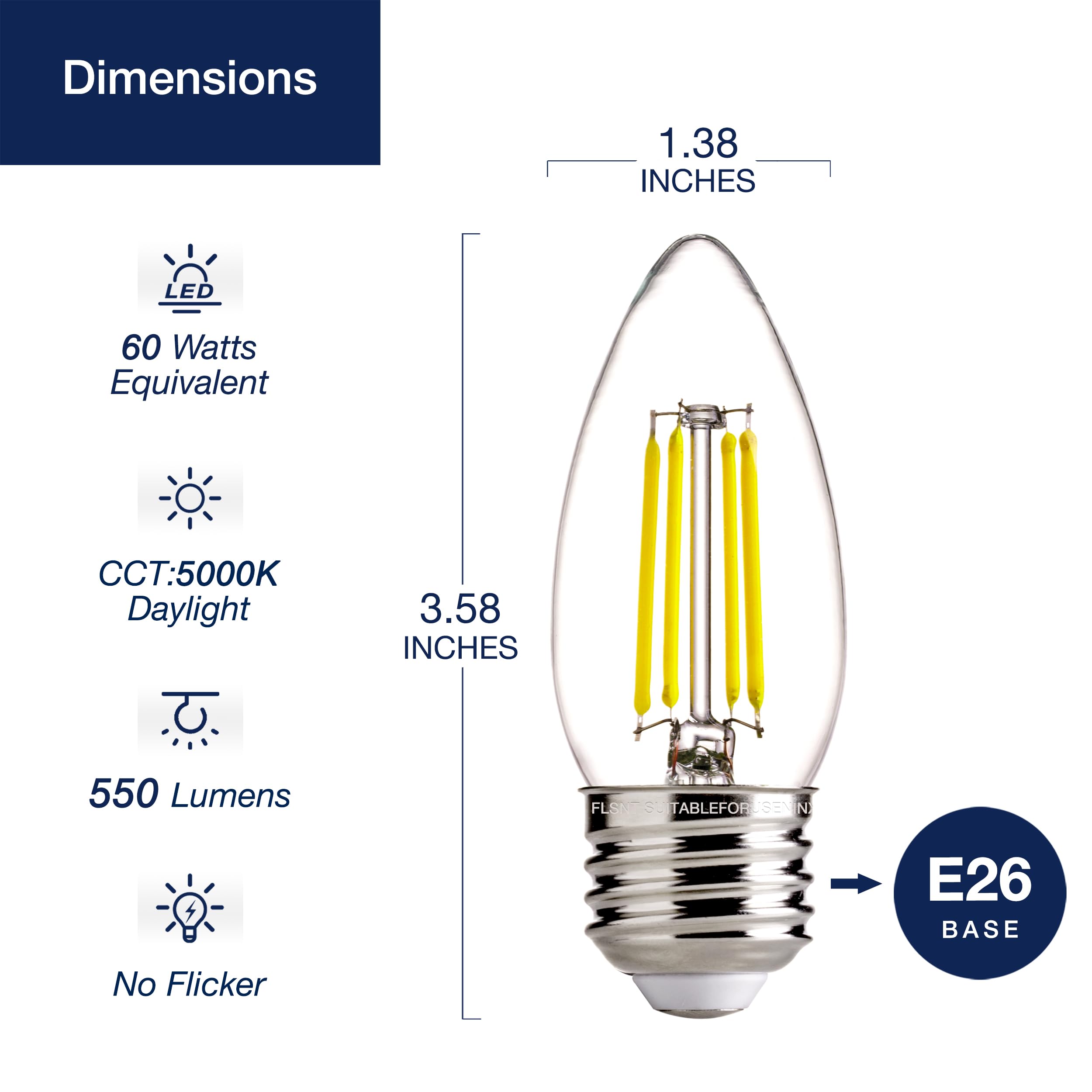 FLSNT Dimmable LED Candelabra Bulbs 60W Equivalent 550LM 5000K Daylight E26 Base 6 Pack Glass