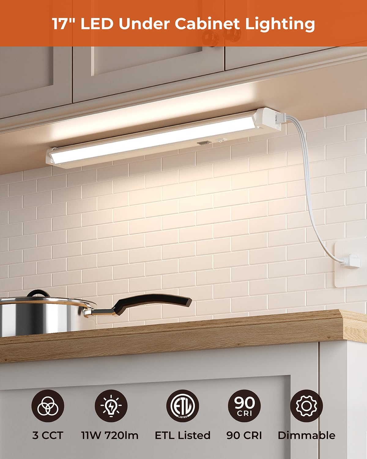 Matane Dimmable LED Under Cabinet Lighting, 17" 11W, 720LM, White, Hardwired/Plug-in, 3CCT Color Selectable, ETL Listed