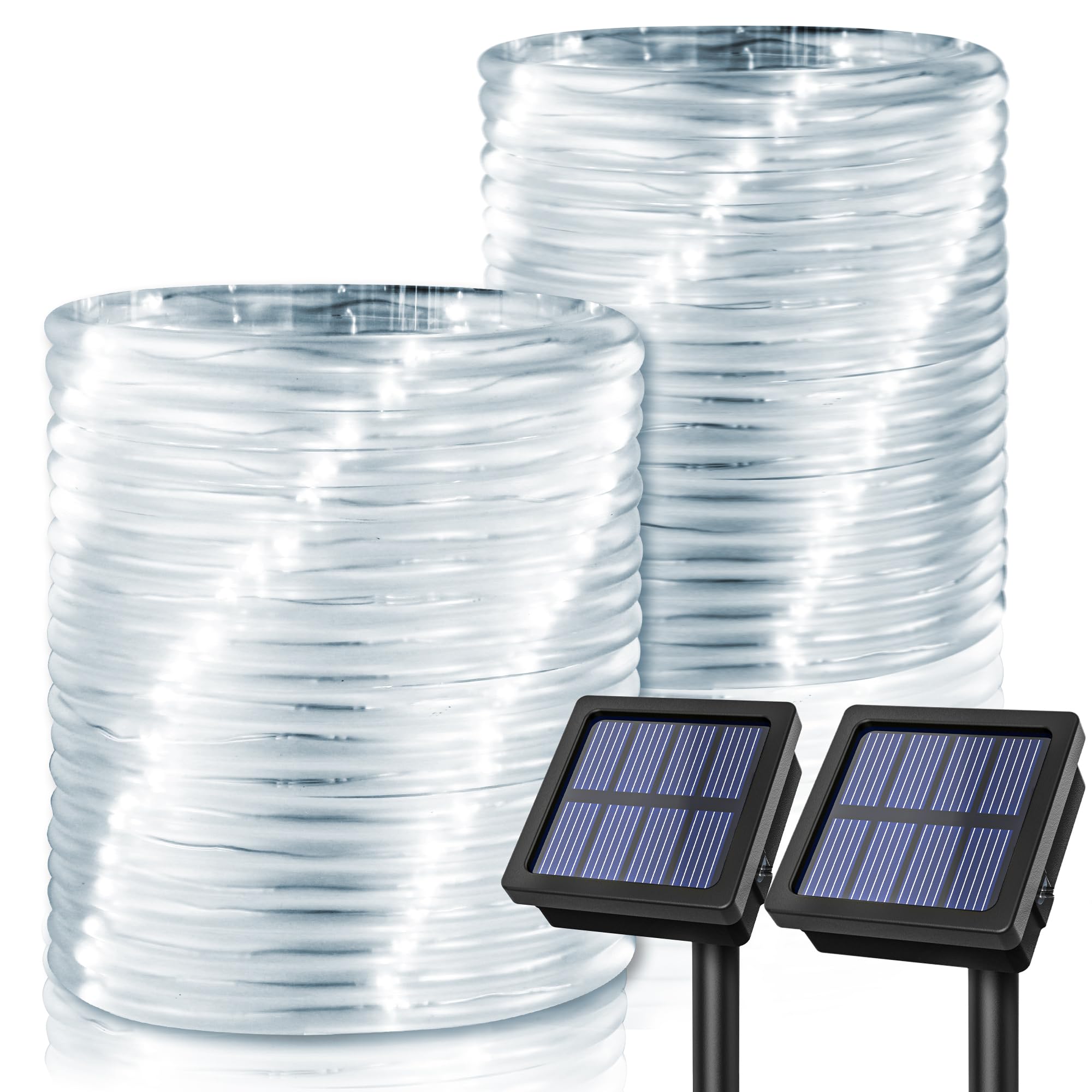 GIGALUMI Solar Rope Lights, 100 LEDs, 35.7 FT, 8 Modes, Waterproof, Cool White, Model 6958