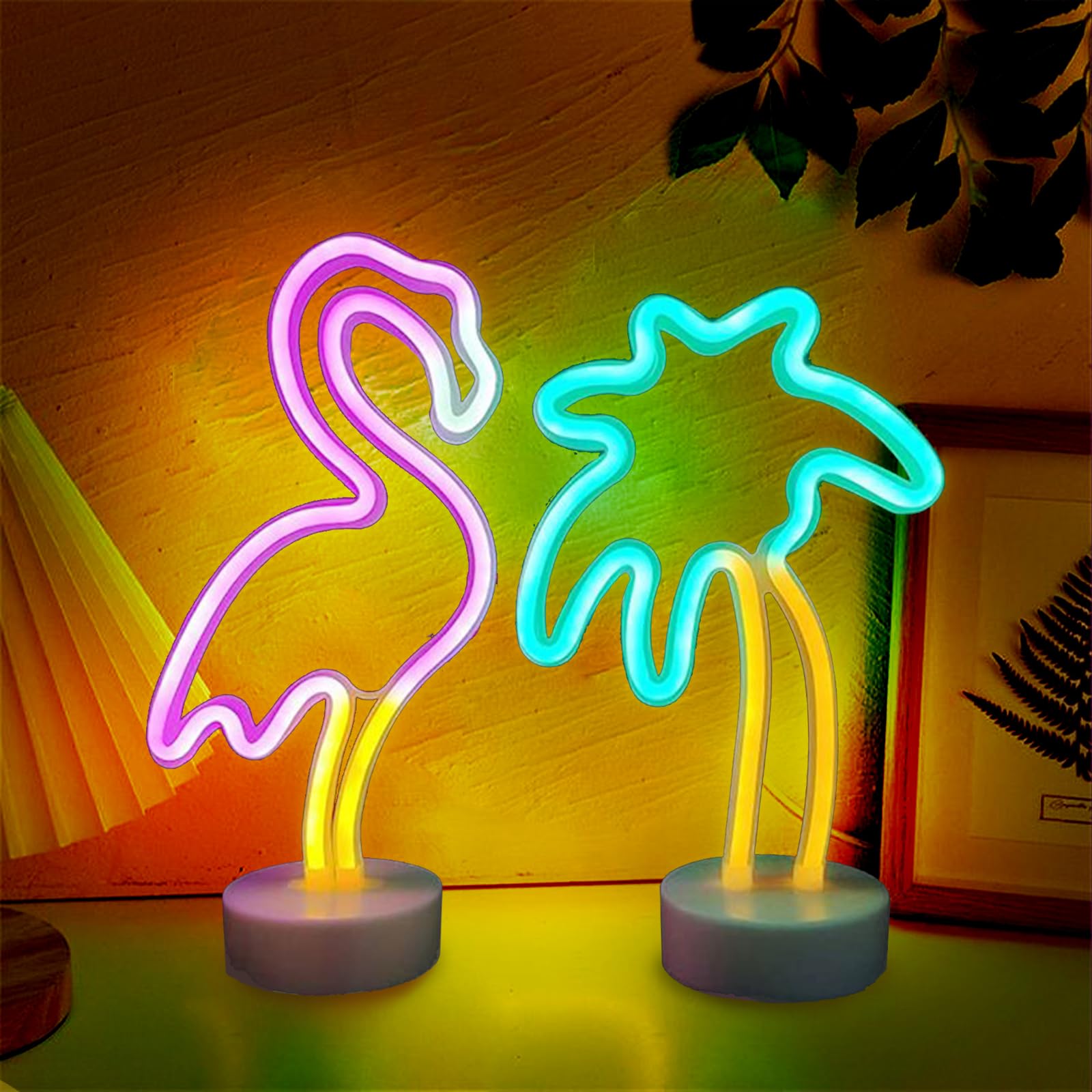 Ursamajor 2 Pack Neon Signs  Pink Flamingo & Neon Palm Tree  Usb/Battery Powered  Energy Efficient  Decor Lights For Girls Bedroom  Party  Dining Tables  Office Desk  Valentine Gifts