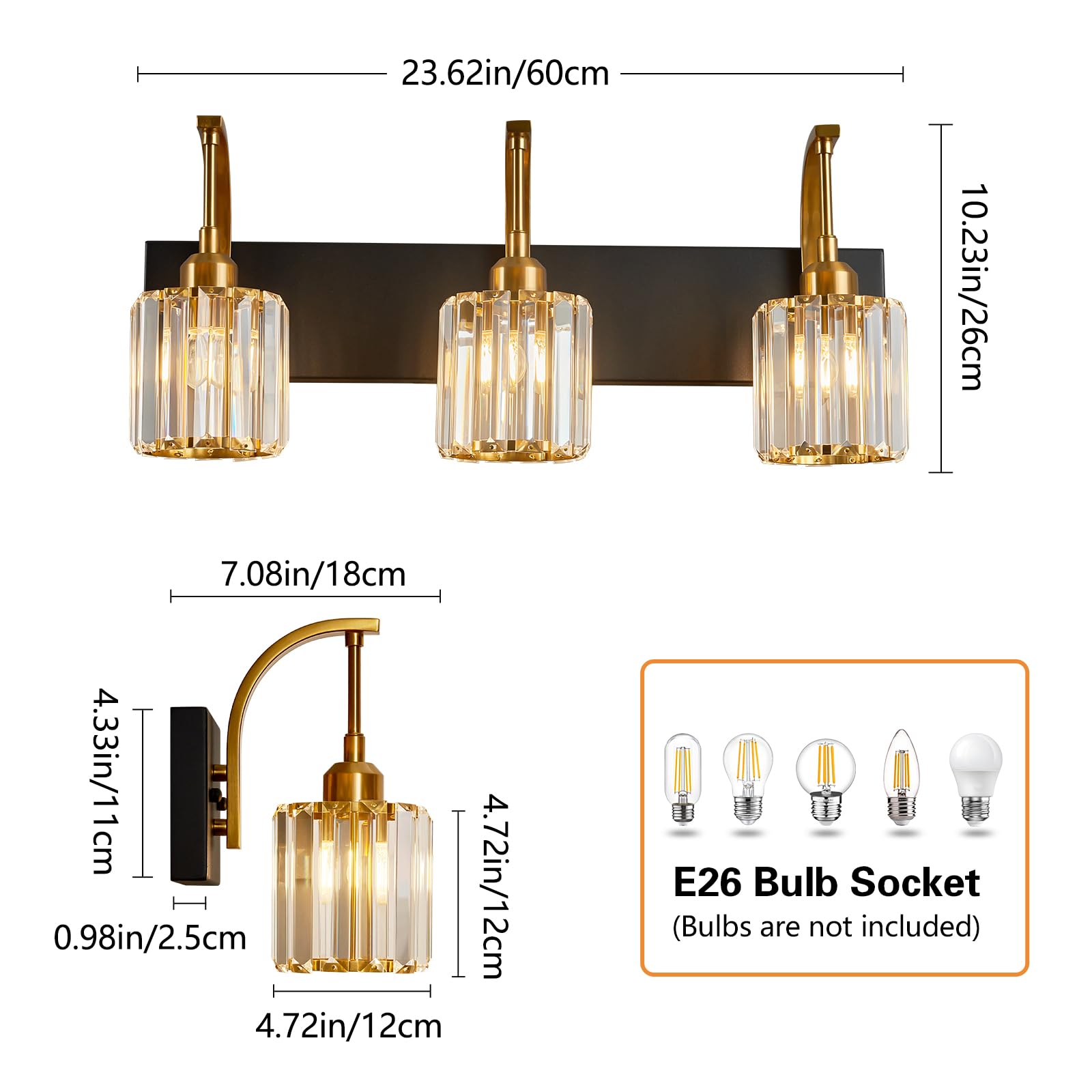 Fdpby 3-Light Crystal Vanity Light  Modern Black Gold Bathroom Wall Sconce With K9 Crystal Shades  23.62 Long Over Mirror Lighting For Vanity  Makeup  Hallway  Elegant & Durable