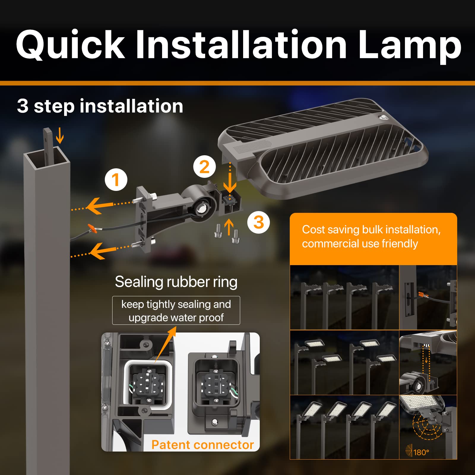 DEMILARE 300W LED Parking Lot Light - Adjustable Arm Mount, 45000lm, 5000K, Bronze, IP65 Waterproof, Dusk to Dawn, Quick Installation
