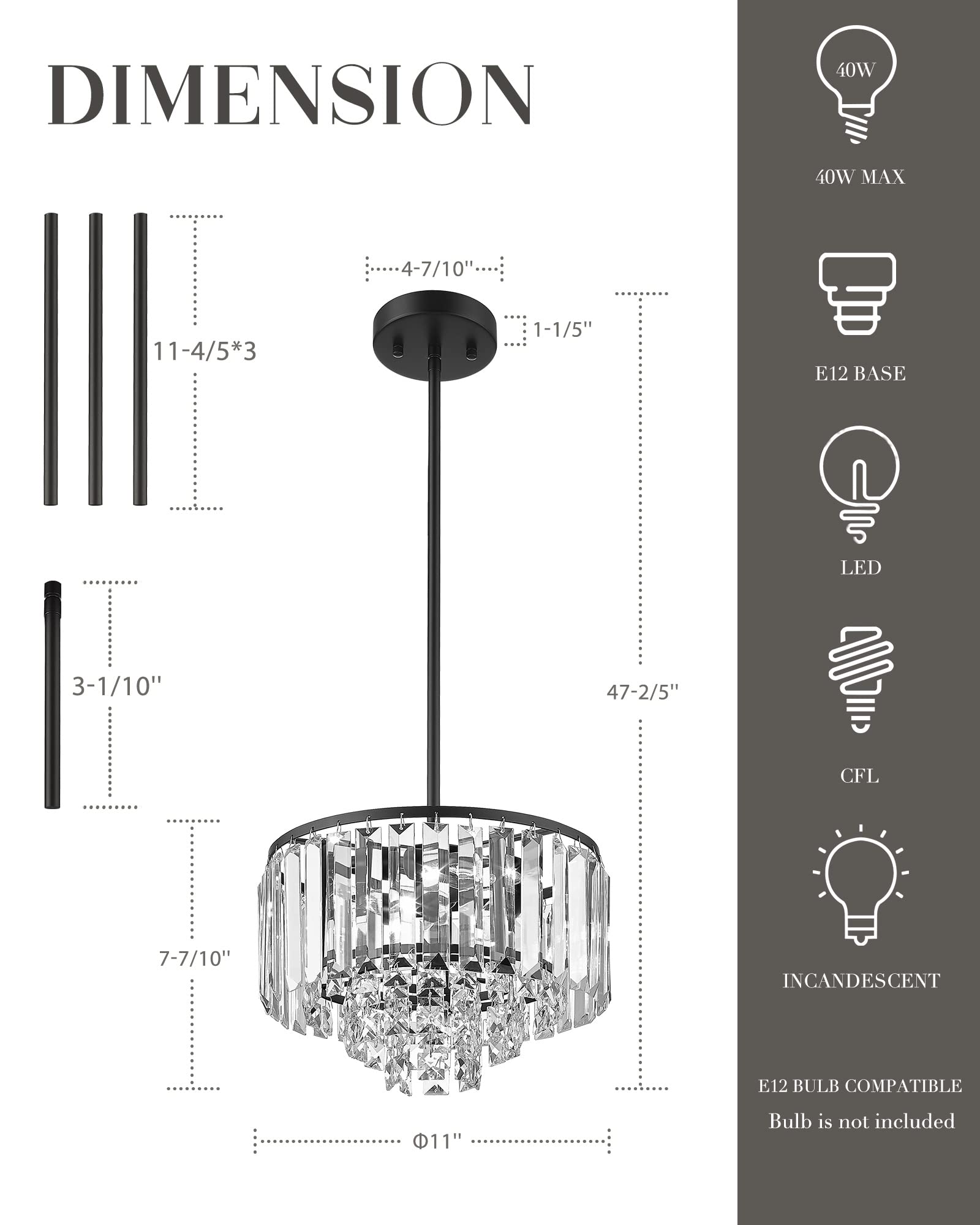 Cargifak 4-Tier Crystal Chandelier, Matte Black, 11" Modern Pendant Light for Dining Room, Kitchen, Entryway, Model CKCC4215-3W-BK