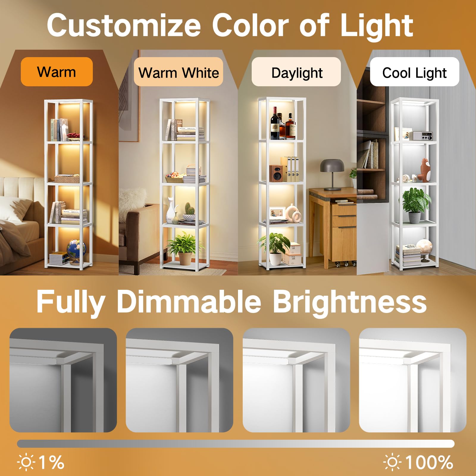 OUTON Glass Display Shelf with Dimmable LED Lamp, 5 Tier Bookshelf, White, Model ZSJ01