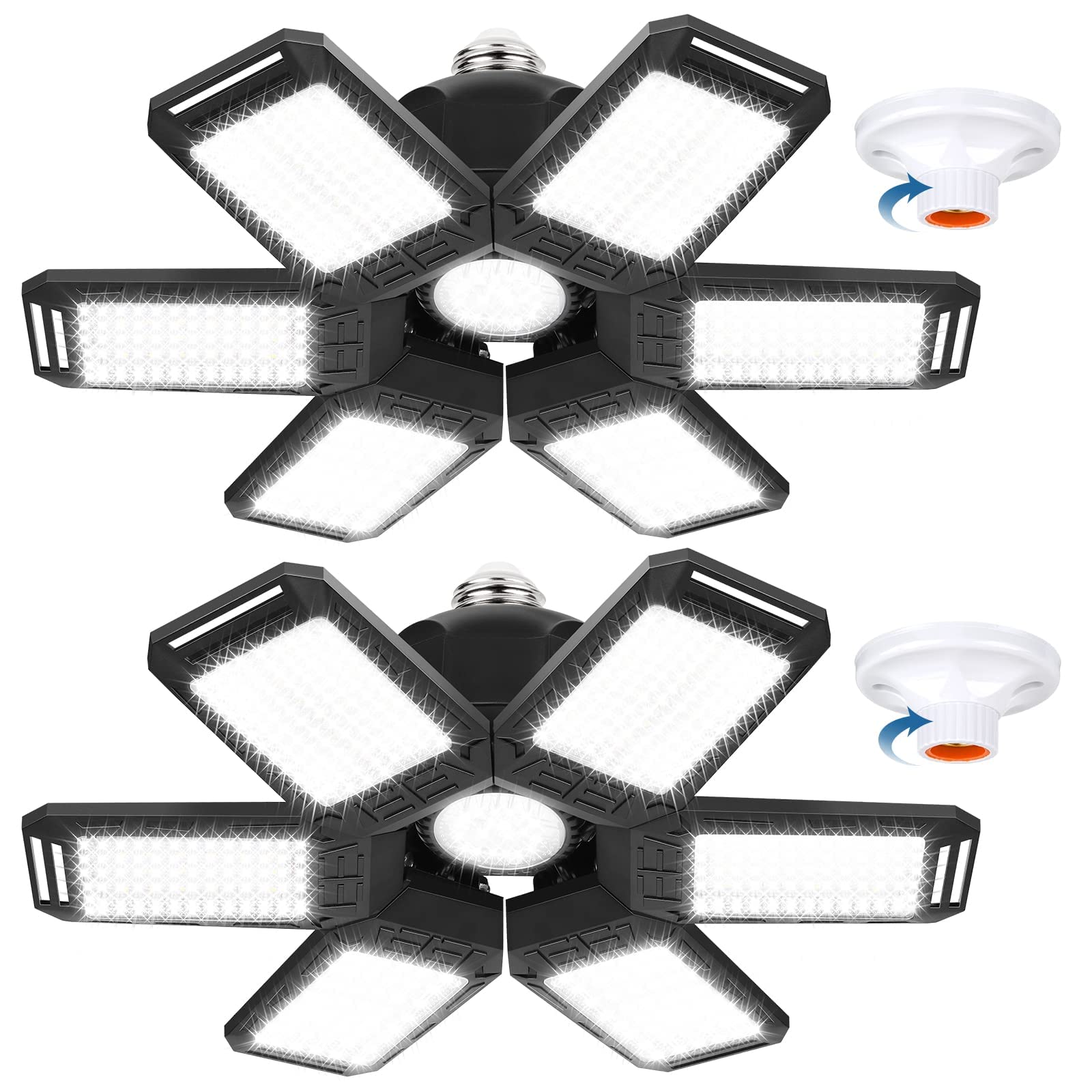 Led Garage Lights 2 Packs, 180W 18000Lm Deformable Triple Glow Garage Lighting with 6 Adjustable Led Panels, E26 Ceiling Light, 