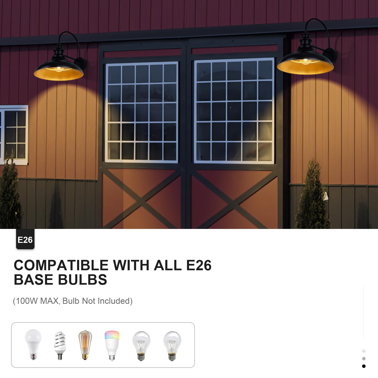 Diyel Outdoor Barn Light Fixture  16 Inch Large Dome Farmhouse Exterior Wall Mount Light  Rustic Wall Sconce Indoor Wall Lighting Fixture  Industrial Black Gold Lantern For Porch  1 Pack