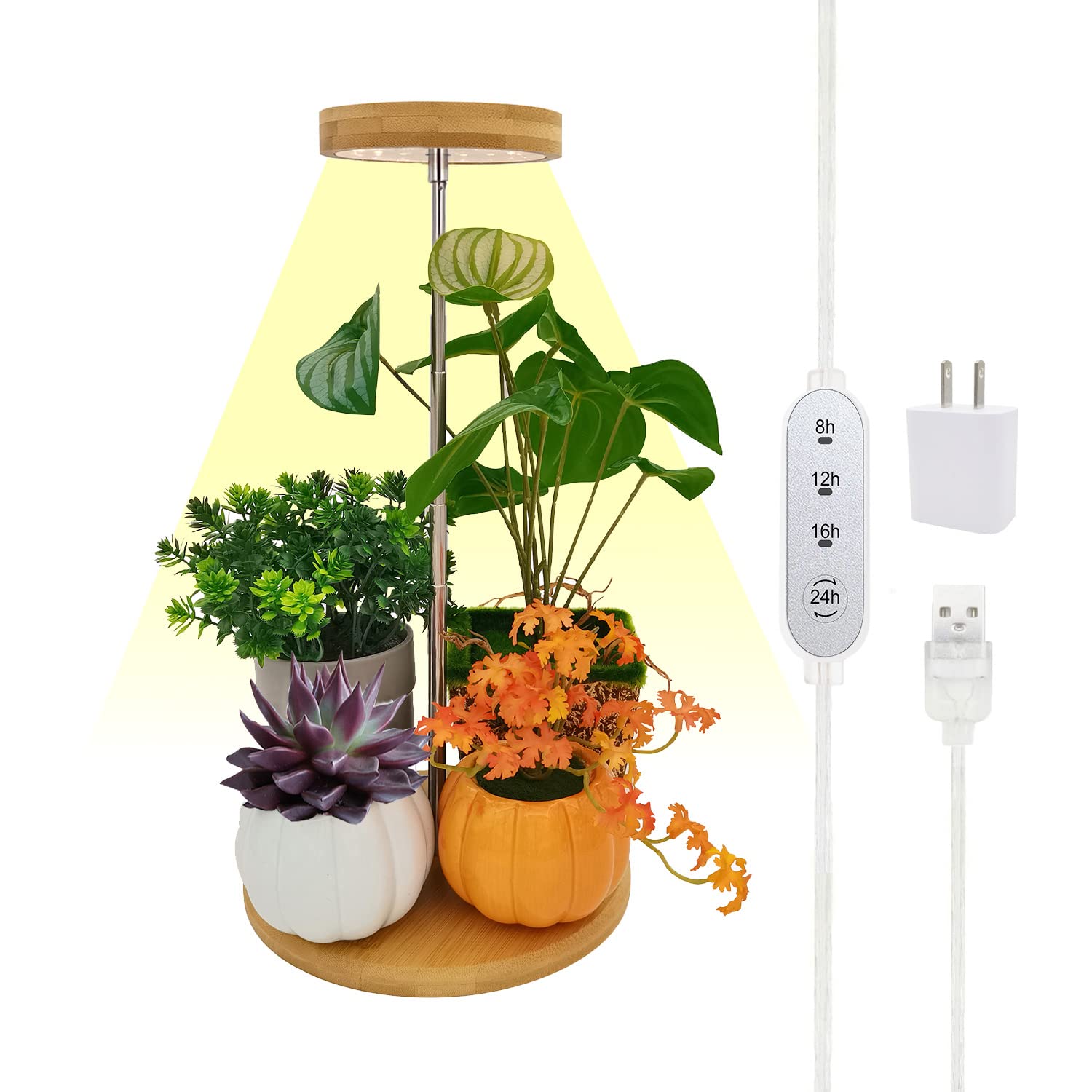yadoker Indoor Plant Grow Light, Bamboo Material, Height Adjustable, Automatic Timer, 1 Pack, Light Base