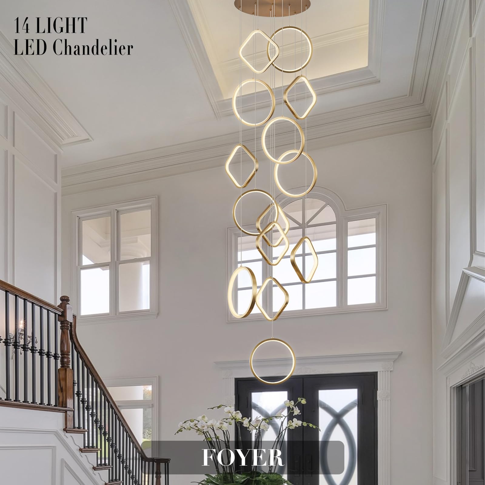 AIRYPHANT Gold LED Chandelier, 14-Light Modern Design for High Ceilings, Dimmable, Model P2001-14GDC1