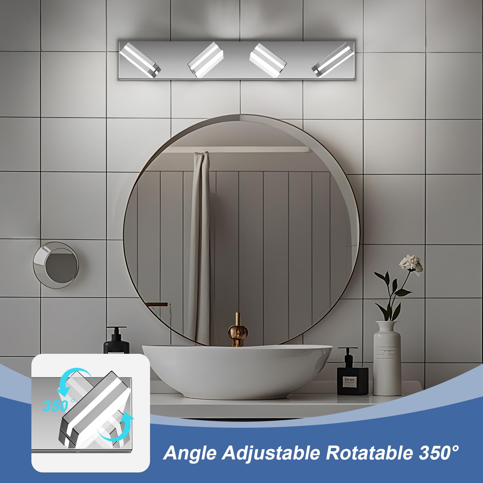 JZEKVN Modern LED Bathroom Vanity Lights, 4-Light Stainless Steel Chrome, 27.17" Acrylic Wall Fixture, Model 202541006, 6000K
