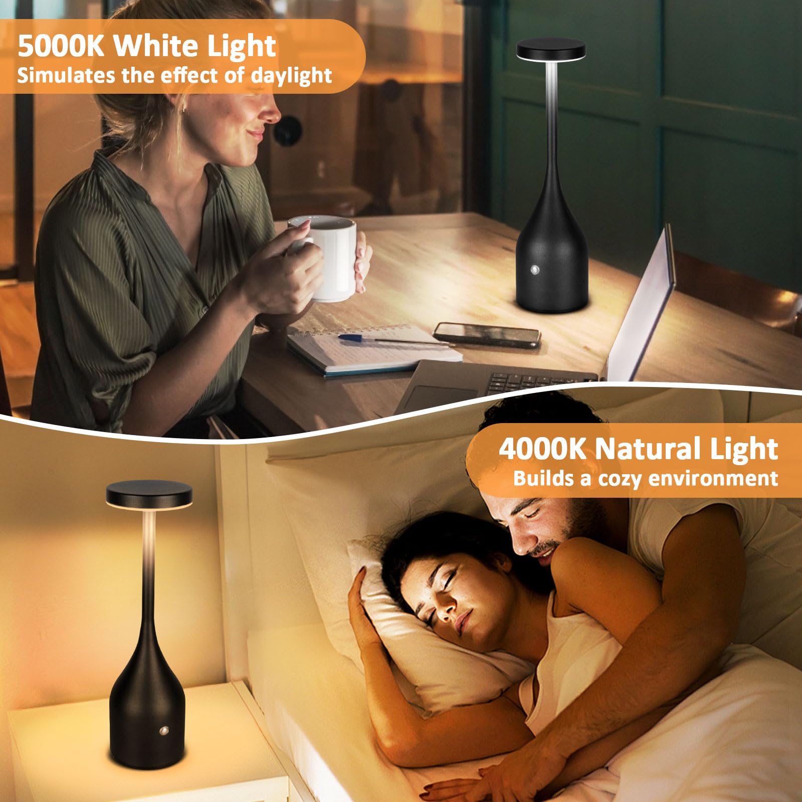 FenFud Cordless Table Lamp - 5000mAh LED Light, Waterproof, 2 Pack, Black