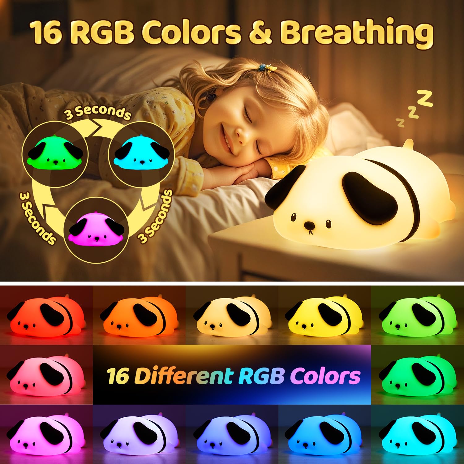 One Fire Night Light for Kids, 16 Color Changing, Dimmable, Soft Silicone, Portable, Model WH-A42, Black
