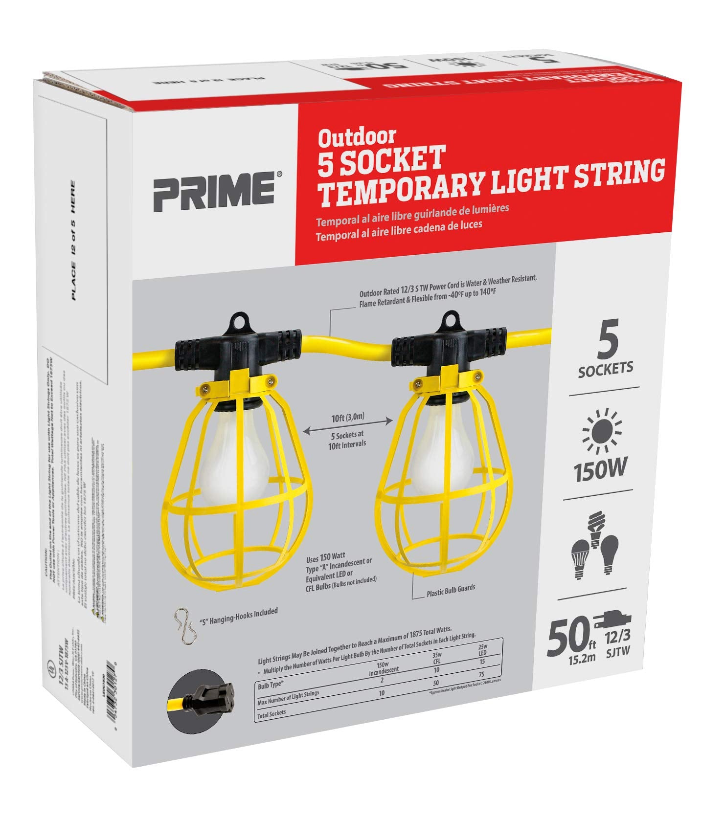 Prime Wire & Cable Temporary Light String, 50-Feet, 5-Bulb, 12/3 SJTW, Yellow, Model LSUG2830