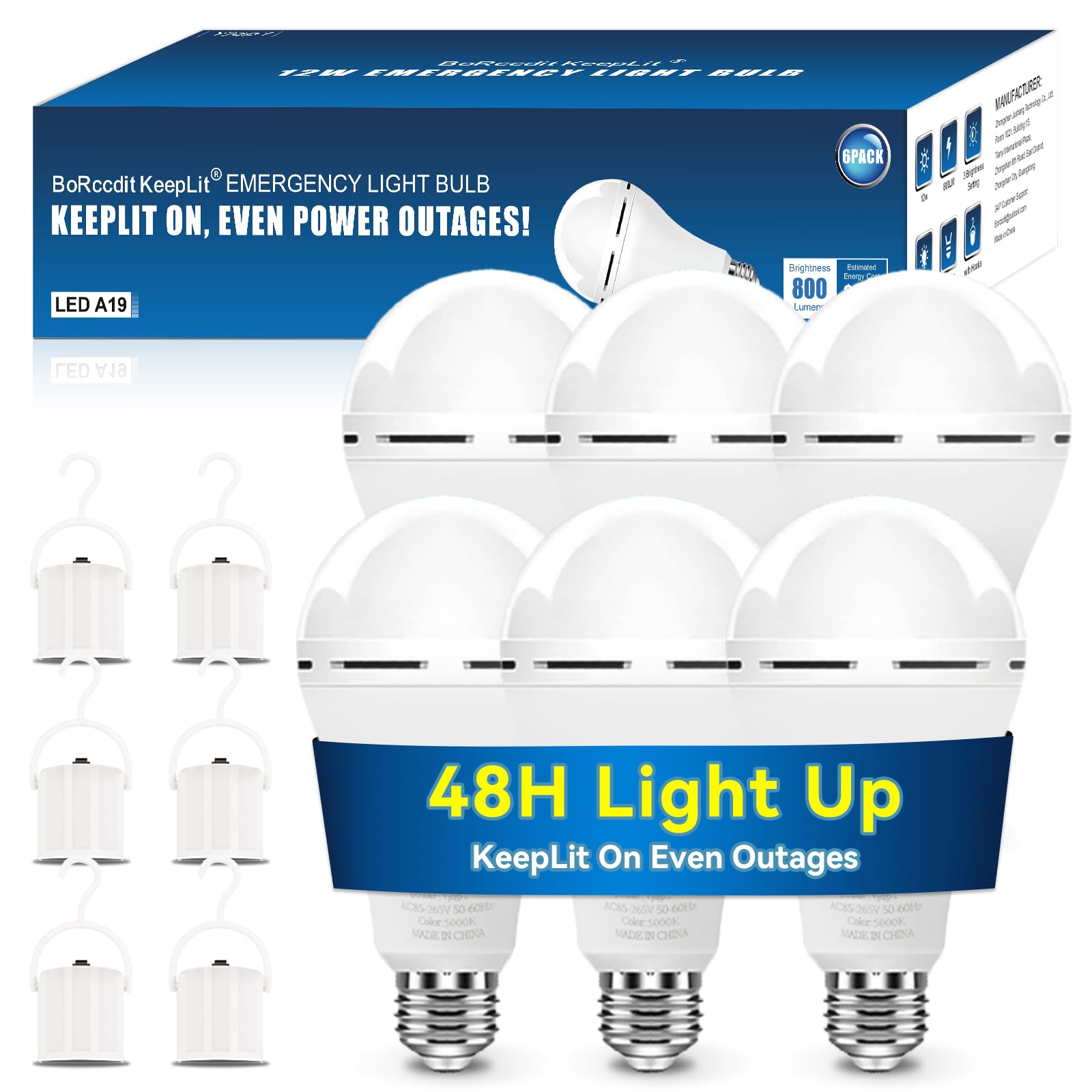 Borccdit Keeplit 6Pk A19 Emergency Rechargeable Light Bulbs, 48H Light Up & 3 Brightness Emergency Power Outage Light Bulbs,12W 