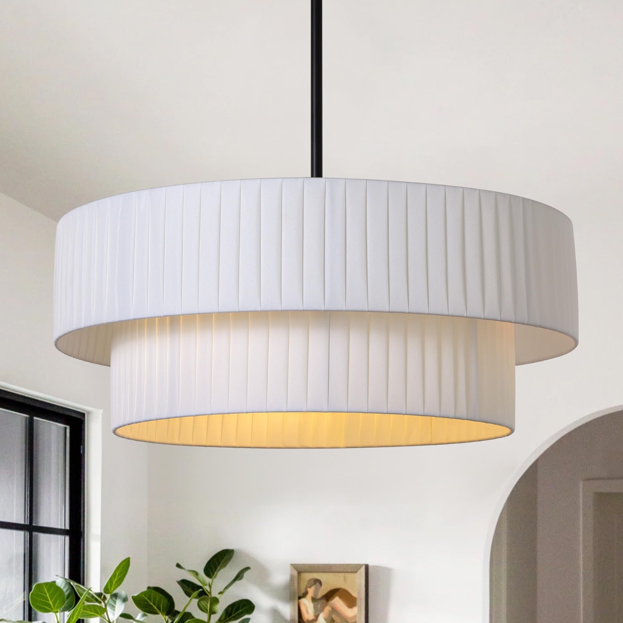 Lamqee 20    Modern Drum Chandelier, 2-Tier Semi-Flush Mount Pendant Light Fixtures 3-Light With White Fabric Lampshades, Matte 