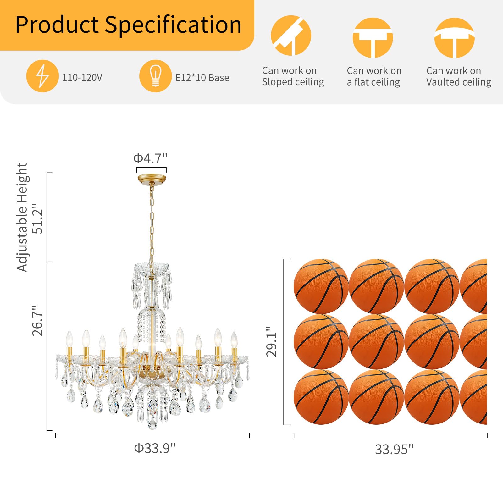 Wuzups 10-Light Crystal Candle Chandelier Pendant Ceiling Light Modern Lighting Fixture For Bedroom Hallway Bar Kitchen Bathroom  H 26.7 W 33.9  E12 Base  Gold