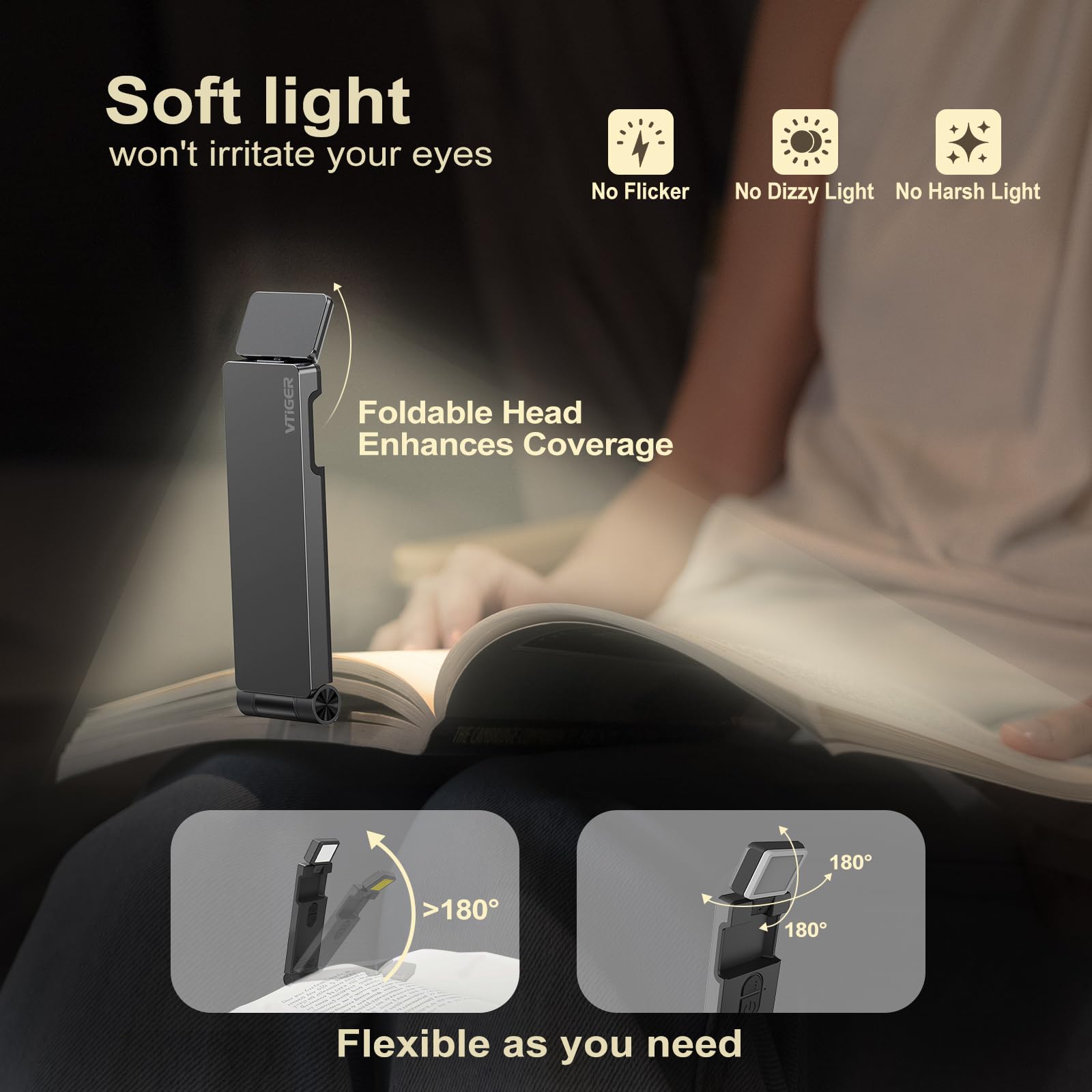 VTIGER USB Rechargeable Reading Light, Foldable Clip-on LED Bookmark Lamp, 3 Amber Colors, 4 Brightness Levels, Gray - Perfect for Book Lovers
