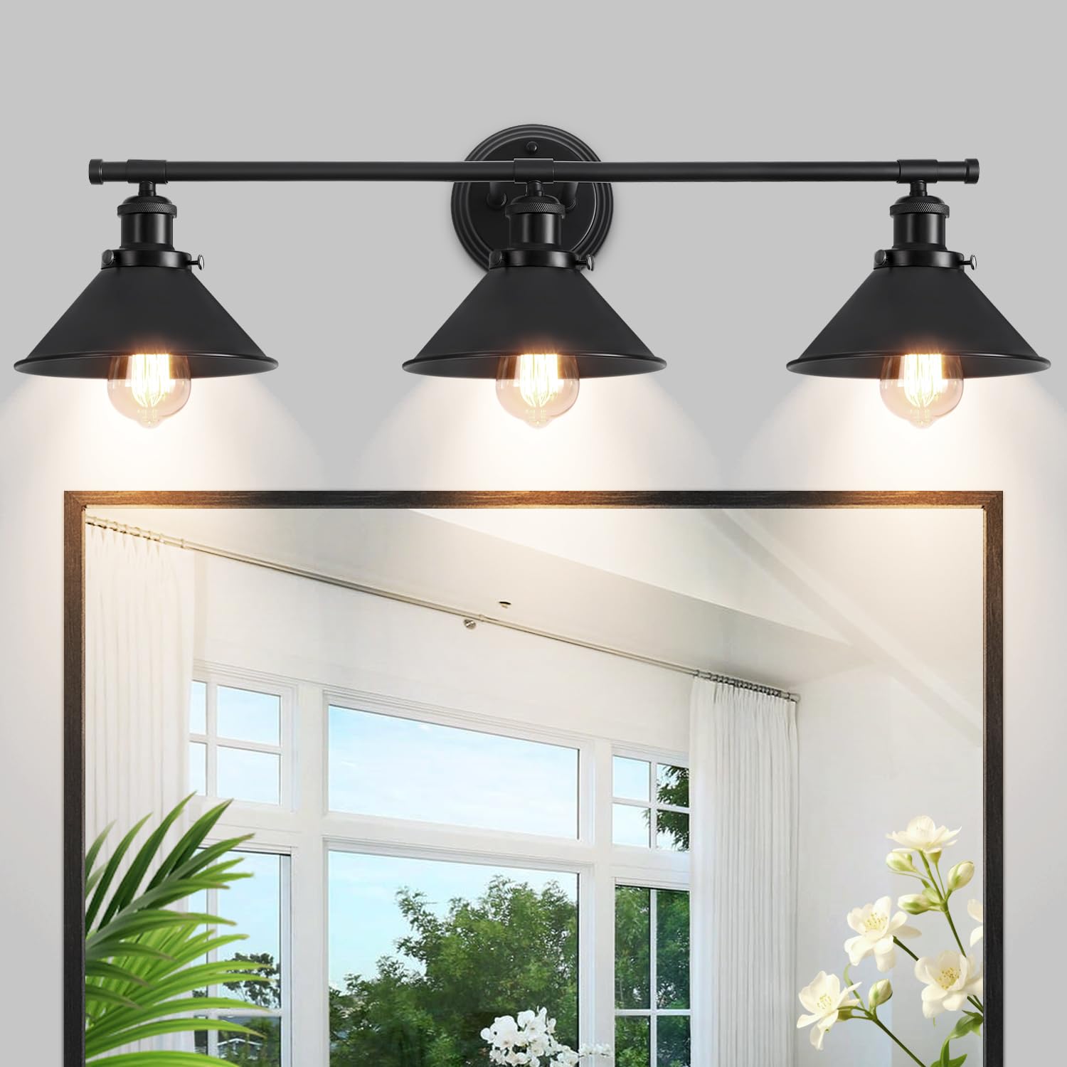 Toulmj Bathroom Light Fixtures Farmhouse Vanity Lights, 3 Light Bathroom Lighting Fixtures Over Mirror Bathroom Wall Sconces With Metal Shade, Matte Black Vanity Lights For Bathroom (31.49'')