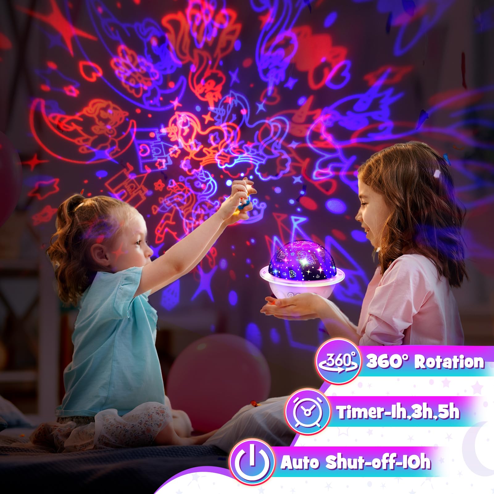 DEVRNEZ Unicorn Night Light Projector, 4-in-1 Star Projector Toys, Pink, Model 006, for Kids Ages 3-12, ABS Material, 360° Rot