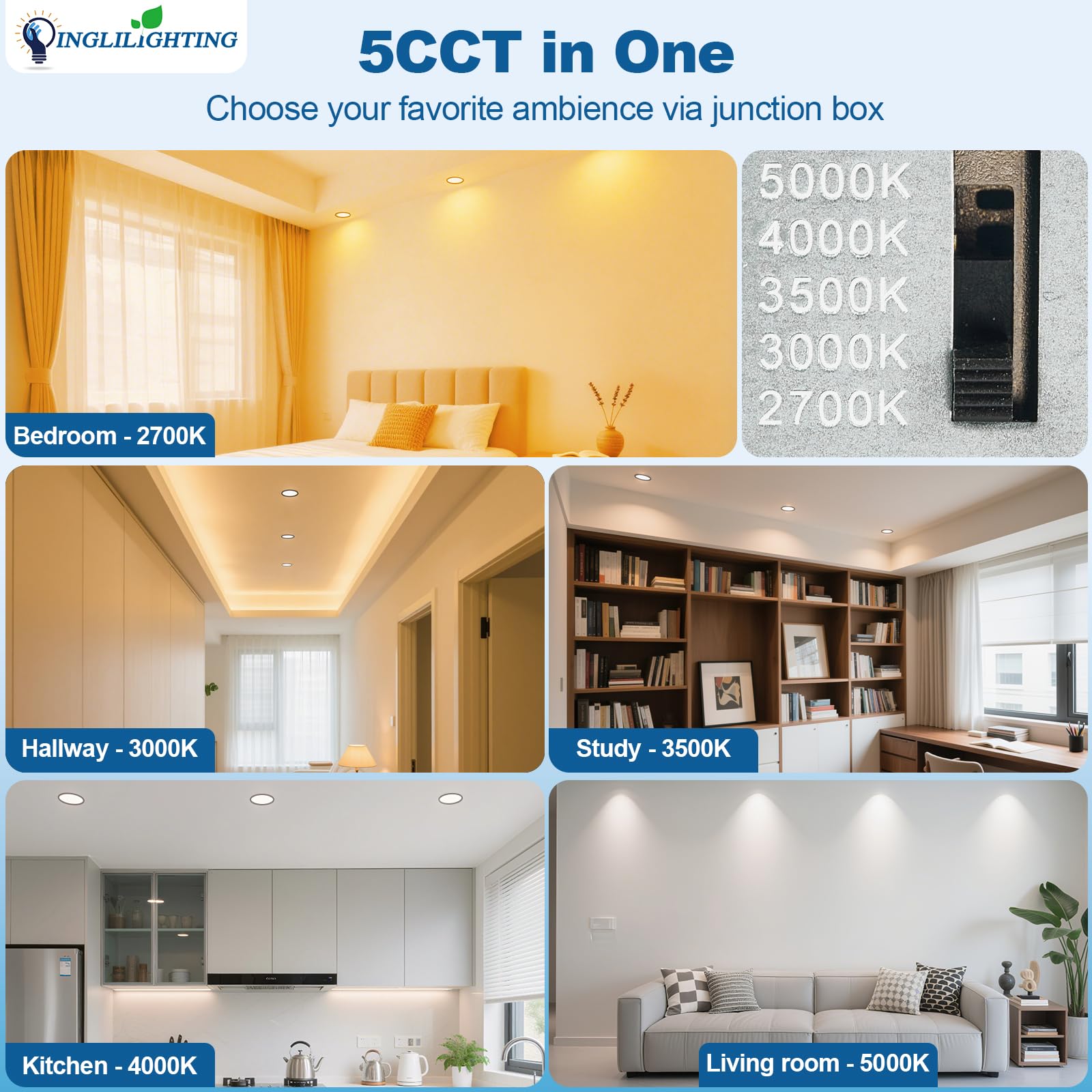 Dllt Led Recessed Ceiling Lights: Black 12 Pack 8 Inch 5Cct Ultra-Thin Lighting With Junction Box For Bedroom - 1800Lm Brightness 18W Eqv 170W Dimmable Canless Wafer Downlight With Etl&Fcc