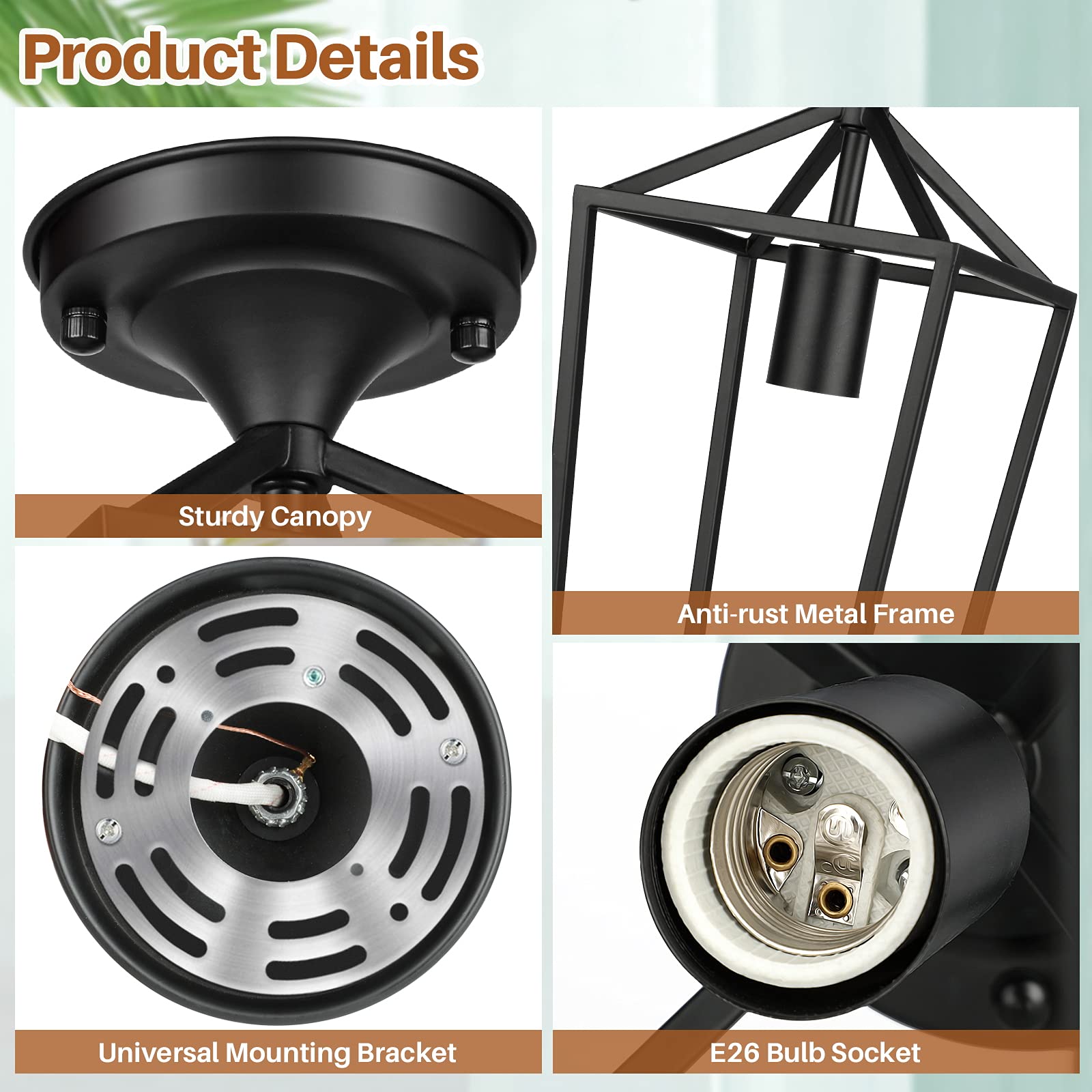 Beslowe 2-Pack Black Metal Farmhouse Semi Flush Mount Ceiling Lights For Hallway, Entryway