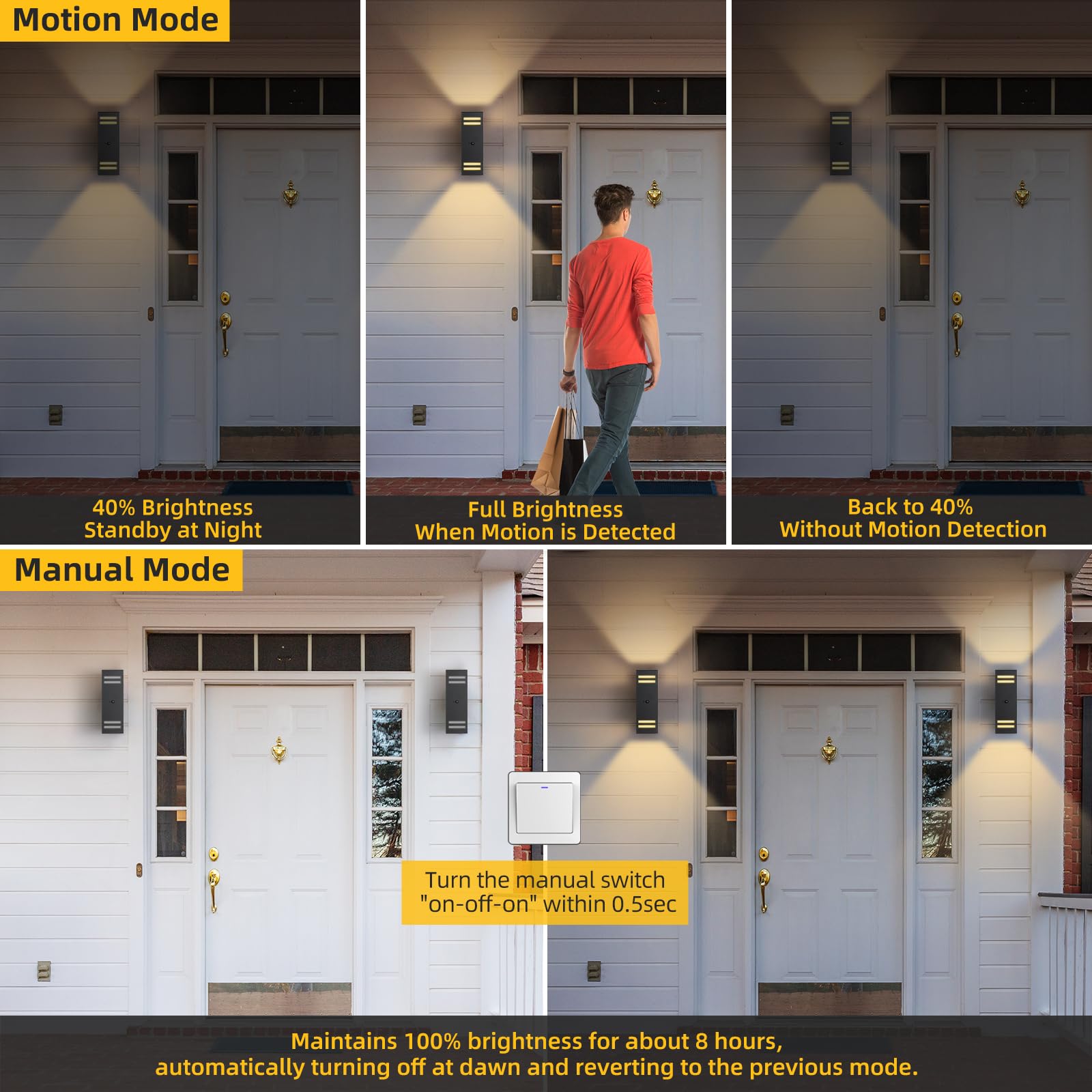 SHIMR Motion Sensor Outdoor Wall Light - Dusk to Dawn, Waterproof Aluminum, 3 Lighting Modes, Black, Model M2, 1 Pack