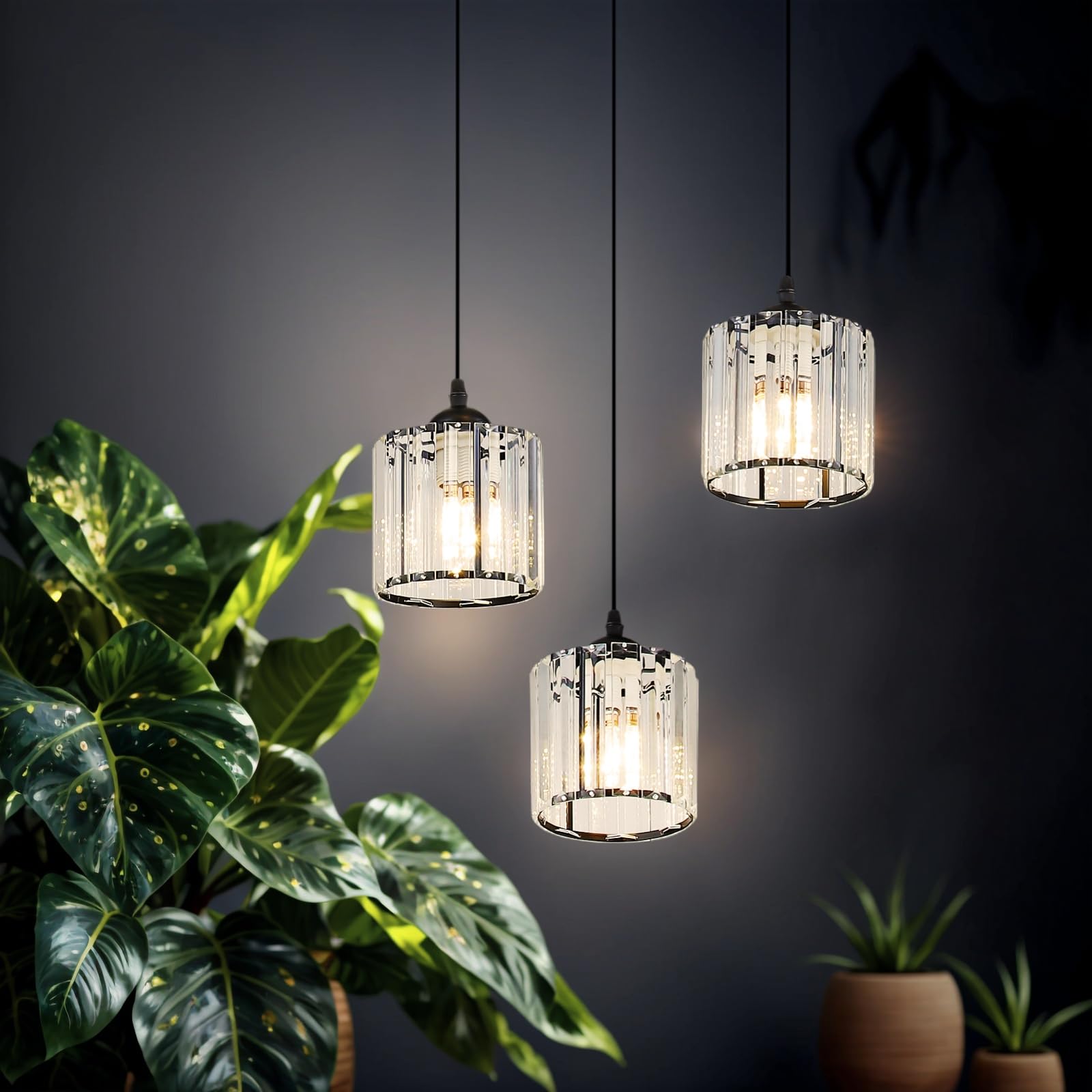 Meimond Modern Crystal Pendant Light, 15 Lights, Black Metal, Raindrop Design for High Ceilings, Foyer, Living Room, Model LTD-10