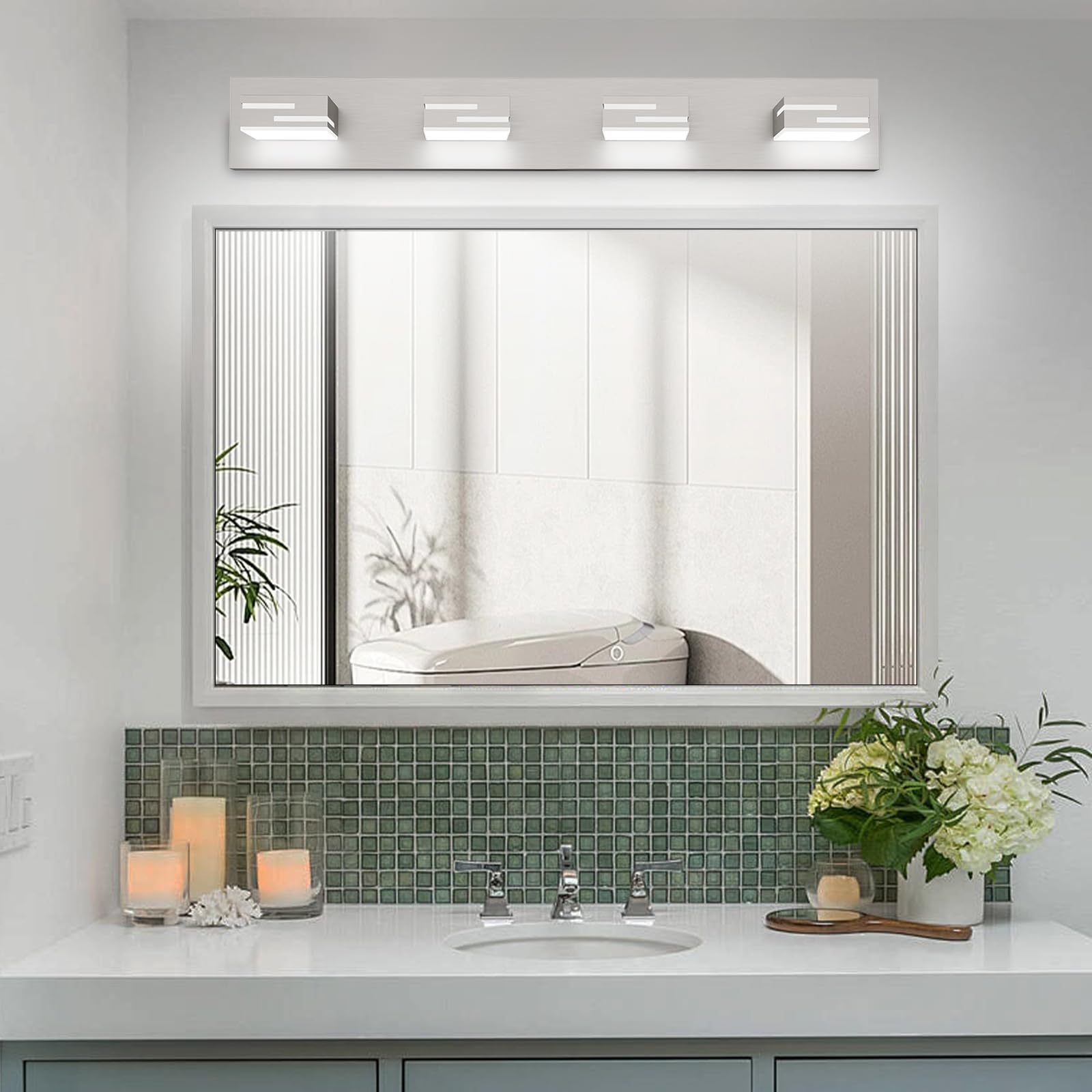 Lkhf Led Modern Bathroom Vanity Light Fixtures 4-Light 28-Inch Dimmable Brushed Nickel Vanity Lights For Bathroom Lighting Fixtures Over Mirror  With 350?Rotatable Acrylic Heads (Cool White 6000K)