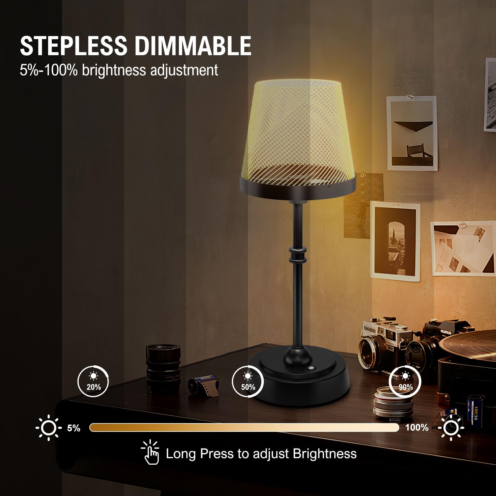 Cordless Table Lamp, Rechargeable LED Desk Lamp, 6000mAh Battery Operated Lamp, 3 Color Stepless Dimming, Portable Touch Lamp, B
