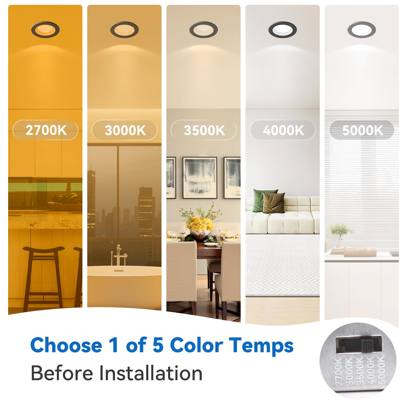 Cycevsun Black 3 Inch Recessed Led Lights  Switchable Night Light & Main Light  5 Color Temperatures 2700K-5000K  Dimmable Canless Downlight For Cozy Home Lighting  6W/2W  Etl  6 Pack