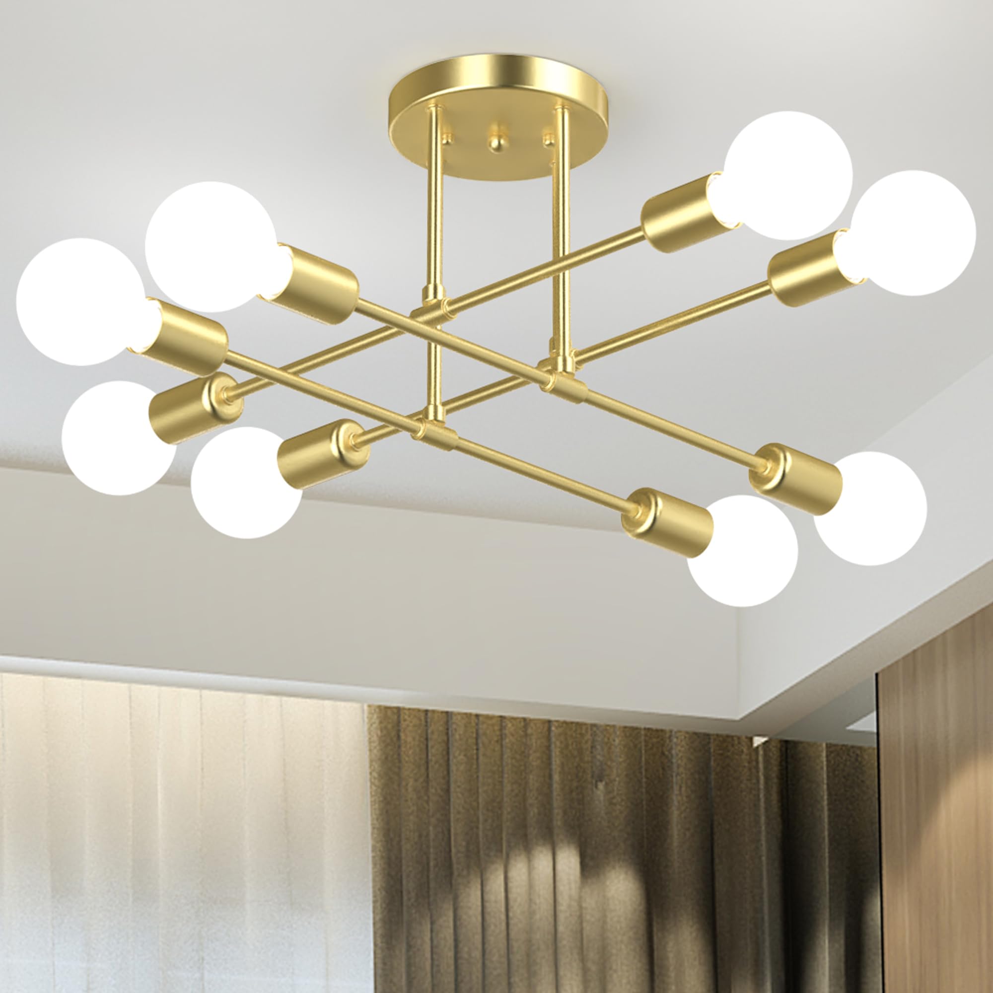 Phaosio Modern Sputnik Chandelier, 8-Light Metal Semi Flush Mount, Gold, Model POSI08