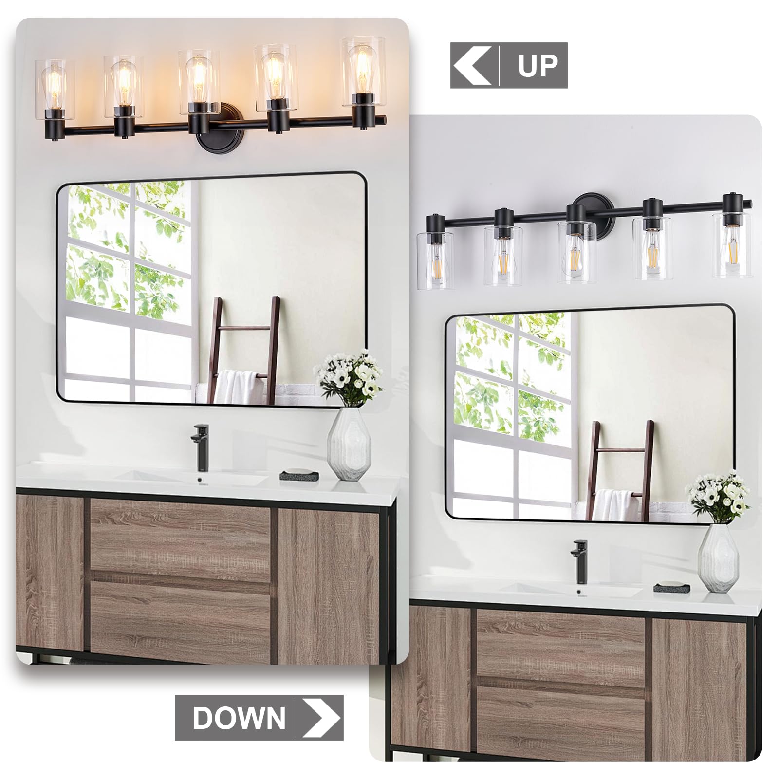 Alaislyc 5-Light Black Bathroom Wall Sconce With Clear Glass Lights For Vanity And Mirror