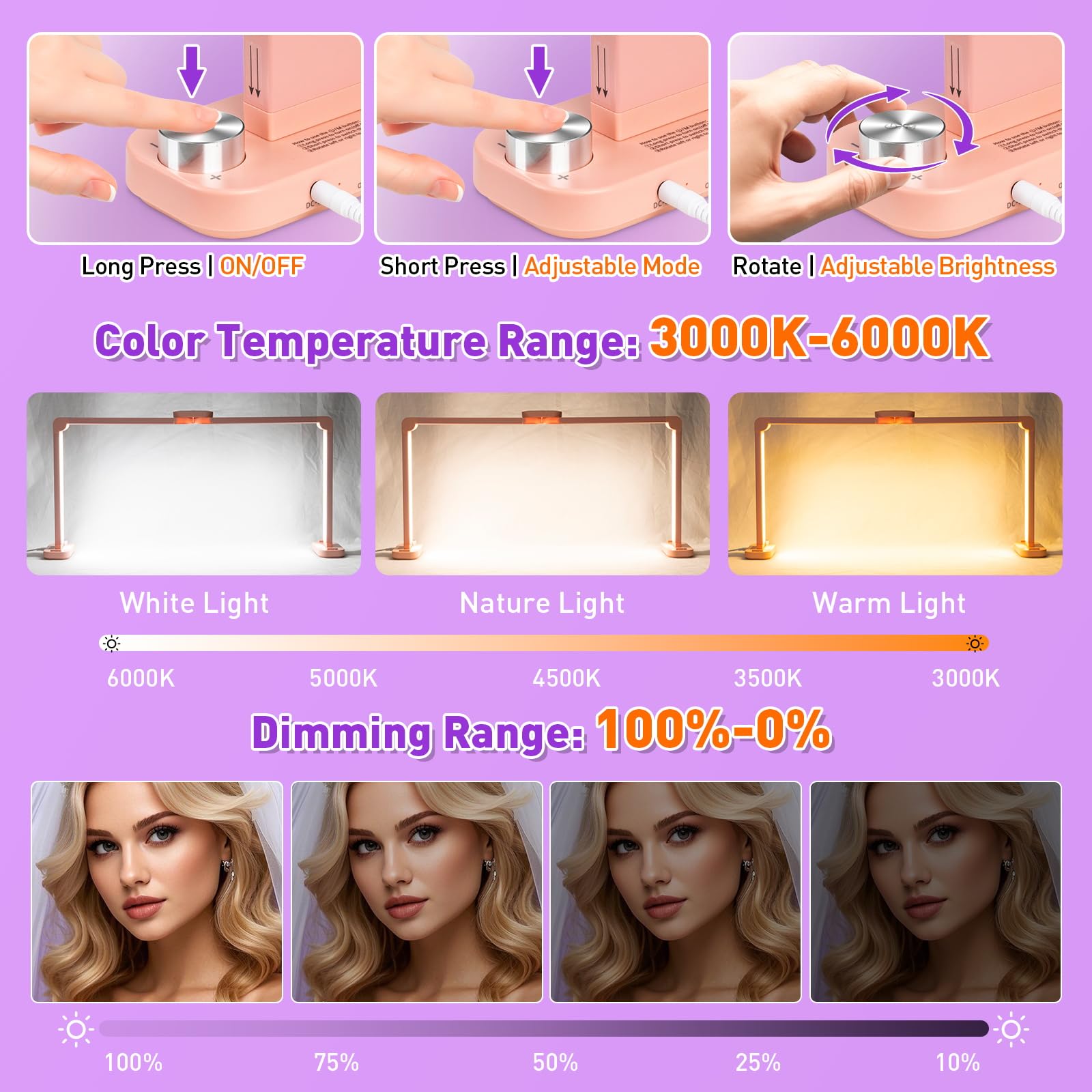 HITTI Nail Light Lamp, 34in Foldable with Phone Holder, Dimmable, Pink, Super Large, Model ZJD-Pink