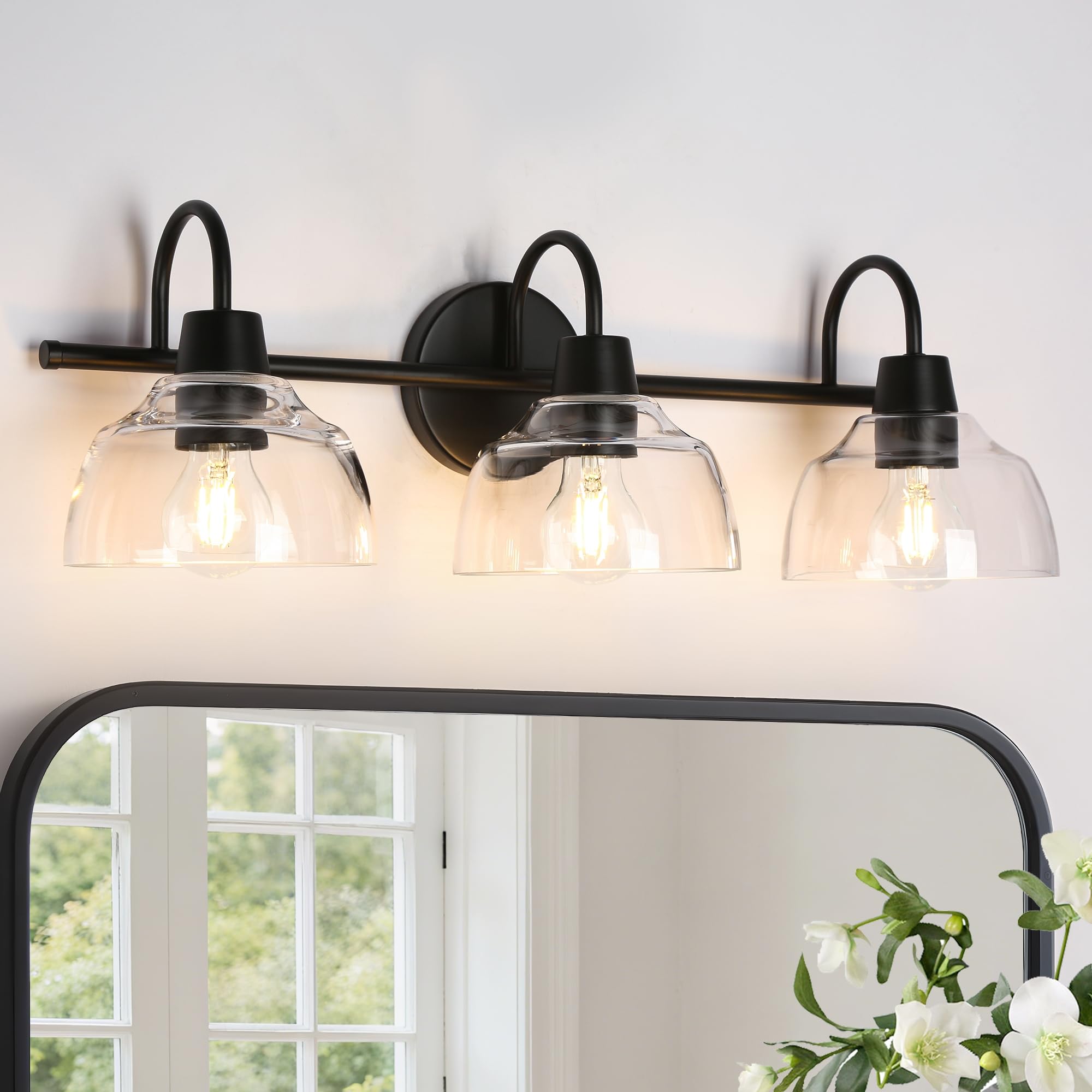 KSANA Black Bathroom Light Fixtures, Modern Farmhouse Vanity Lights Over Mirror 3-Light Bathroom Wall Mounted Sconce with Dome G