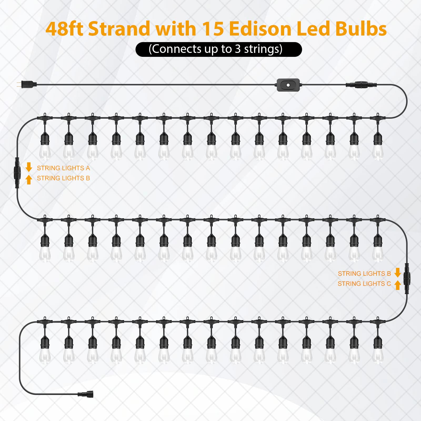 Mlambert LED Dimmable Outdoor String Lights, 48Ft, 3-Color, Waterproof, Black, Model GLS22C2YC-S14-15, Total 144Ft