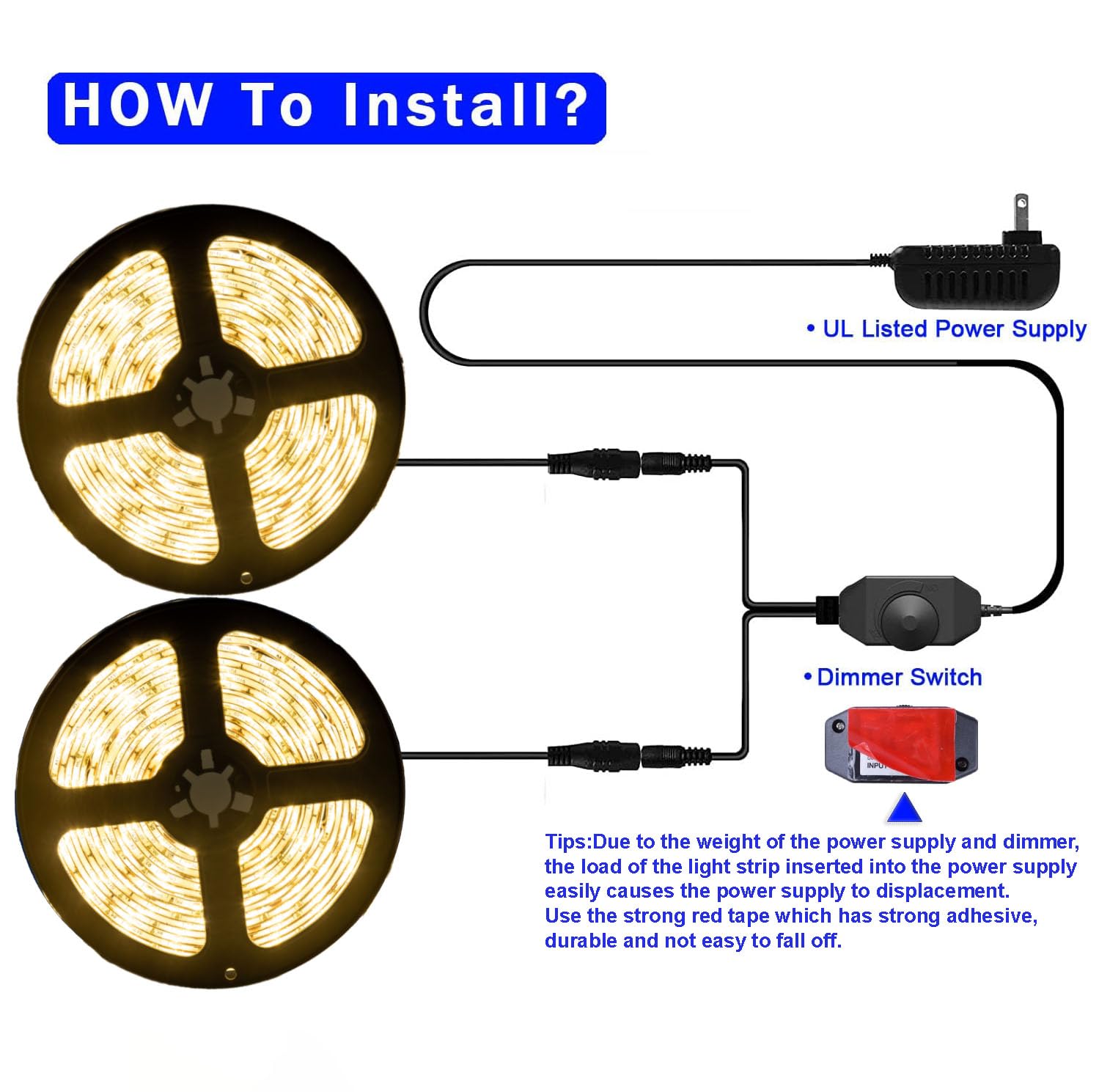 JUNWEN LED Strip Lights 50ft Warm White Waterproof Flexible Dimmable Indoor Lighting for Bathroom, Fish Tank, Bedroom, Kitchen