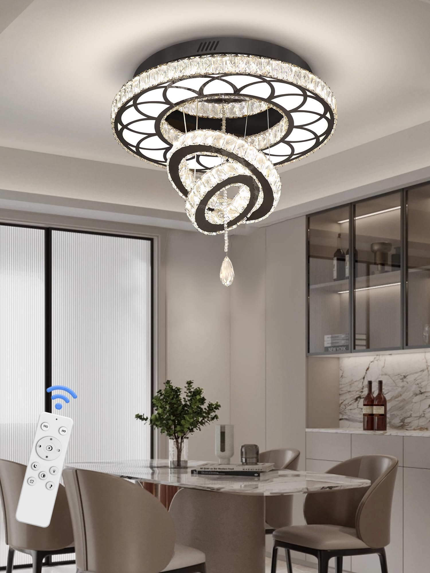 Flashing God 20" Black Crystal Chandelier LED Flush Mount Light - Dimmable 2700k/4500k/6000k for Living Room & Bedrooms, Model MMQ0268