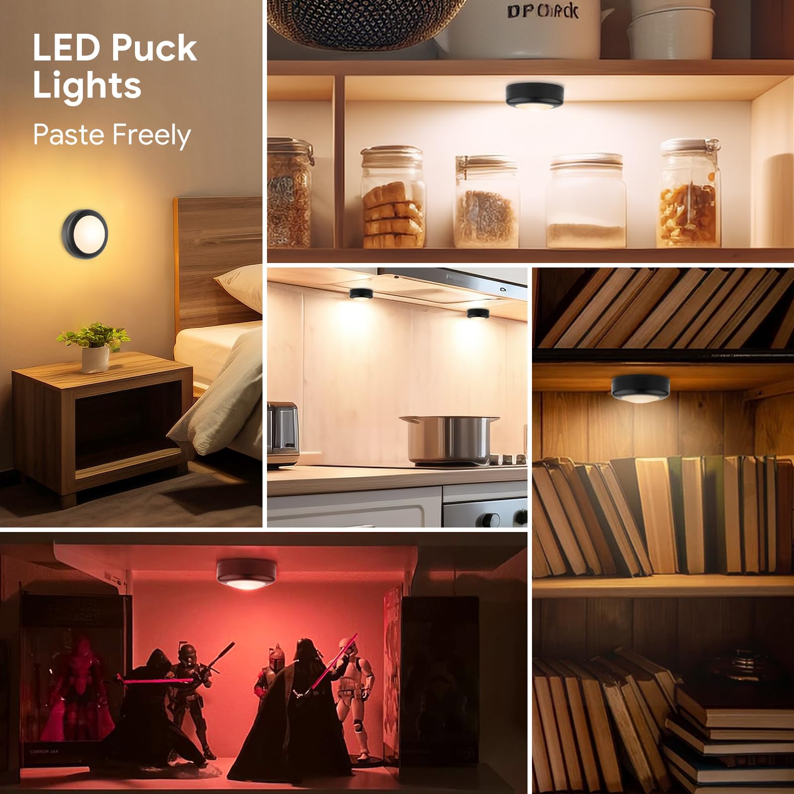 Yiliaw Led Puck Lights With Remote Control, Aa Battery Operated, 12 Colors, Under Cabinet & Counter Lights - 9 Pack, Black