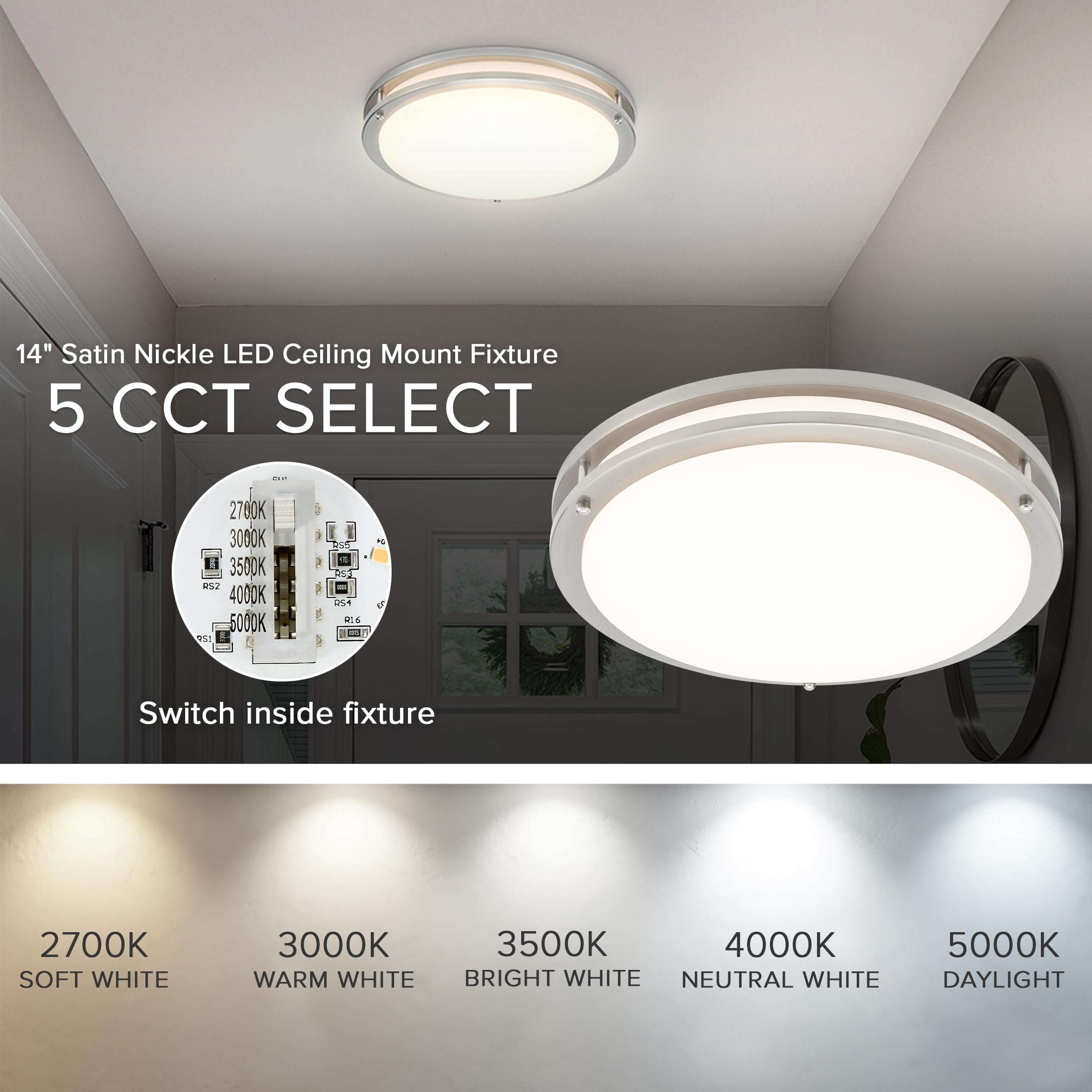 Maxxima LED Flush Mount Ceiling Light Fixture, Motion Sensor, 1300 Lumens, 5 CCT, Satin Nickel, Model MCL-3141805SN