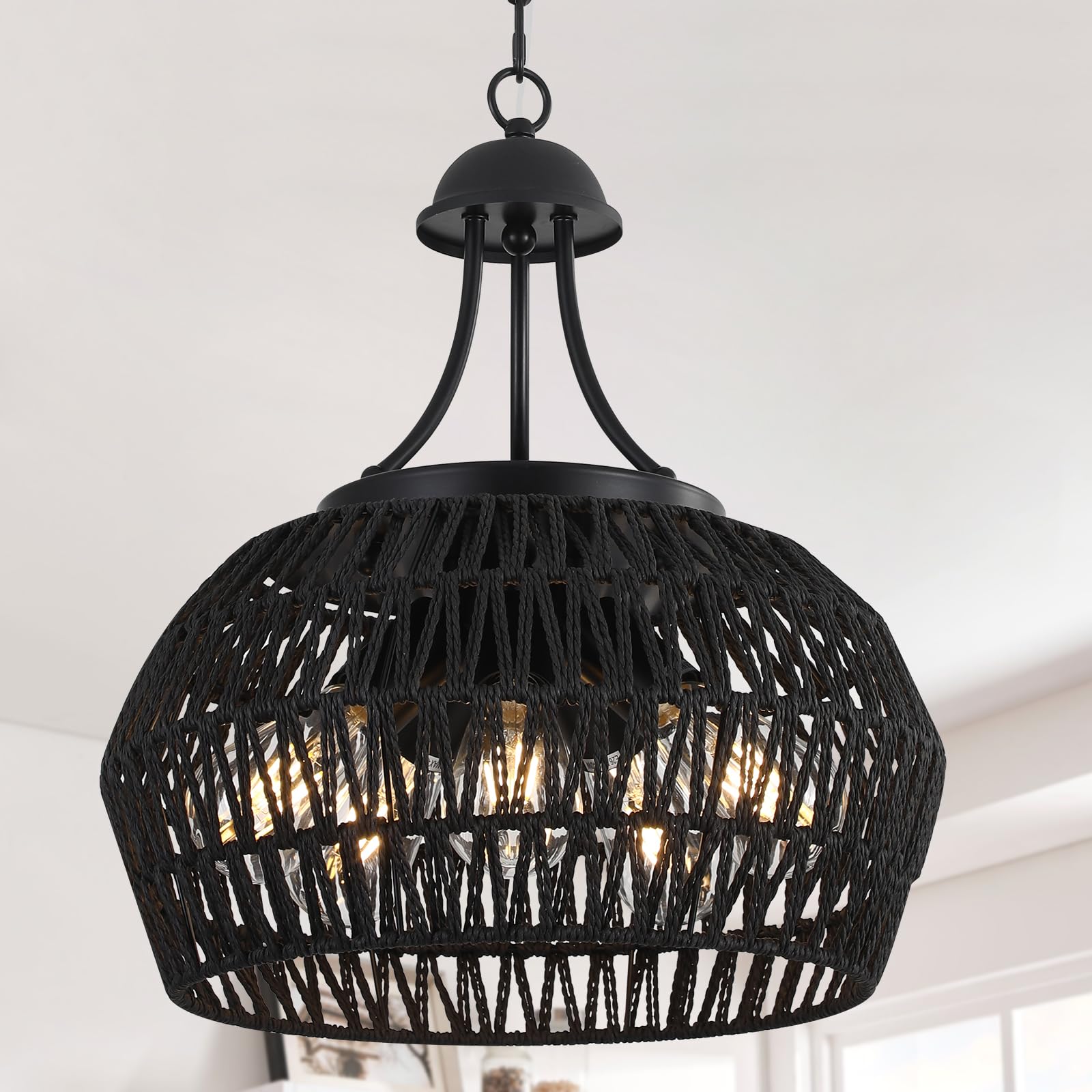 5-Light Black Rattan Chandeliers For Dining Room, Farmhouse Chandelier Light Fixture With Wicker Lampshade, Large Boho Coastal H