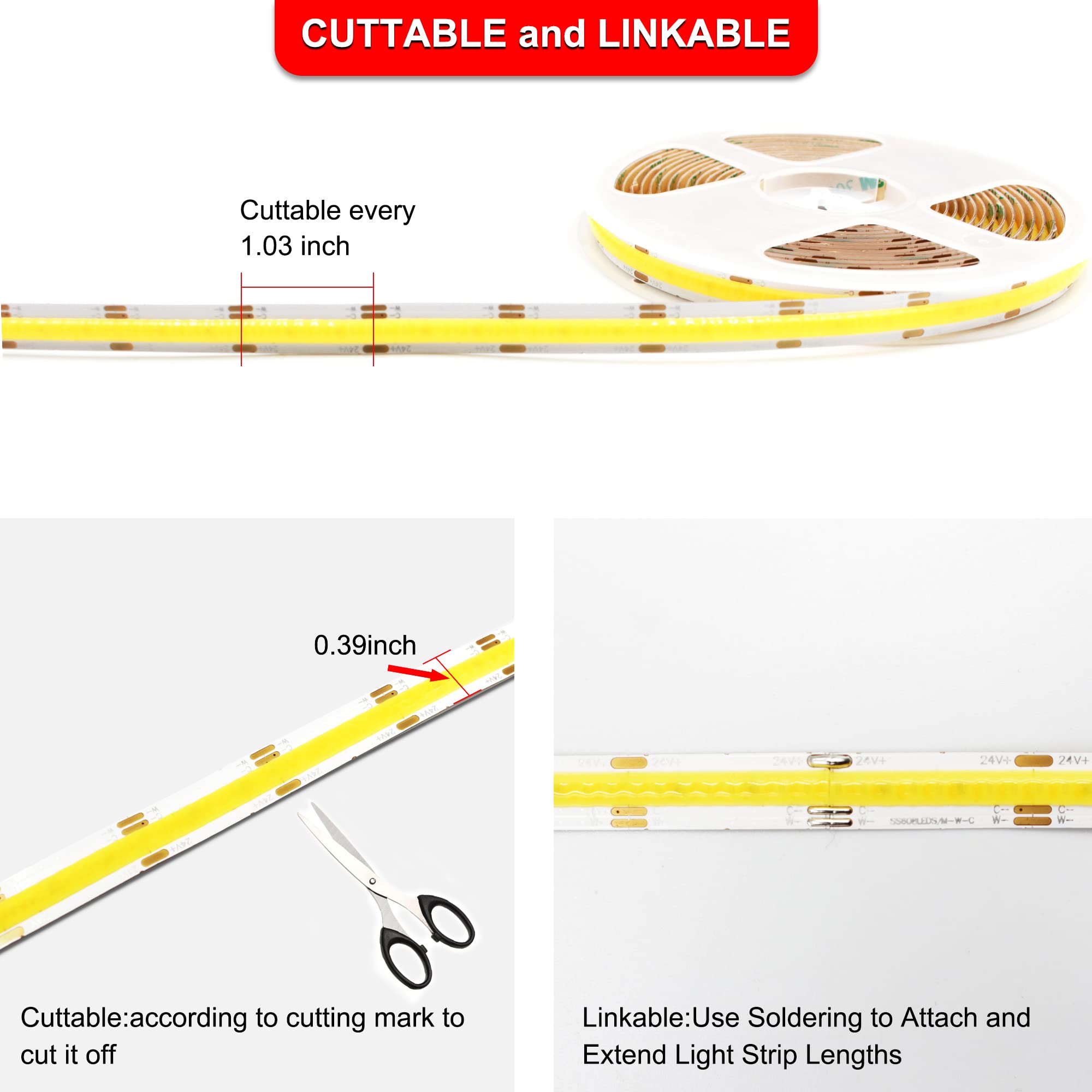 Cct Cob Led Strip Lights  6.56Ft Dimmable 2700K-6500K 24V Tunable White Led Light Strip Kit  High Density Cri 90+ Led Strips With Remote Controller And Power Supply  For Bedroom Kitchen Home Lighting