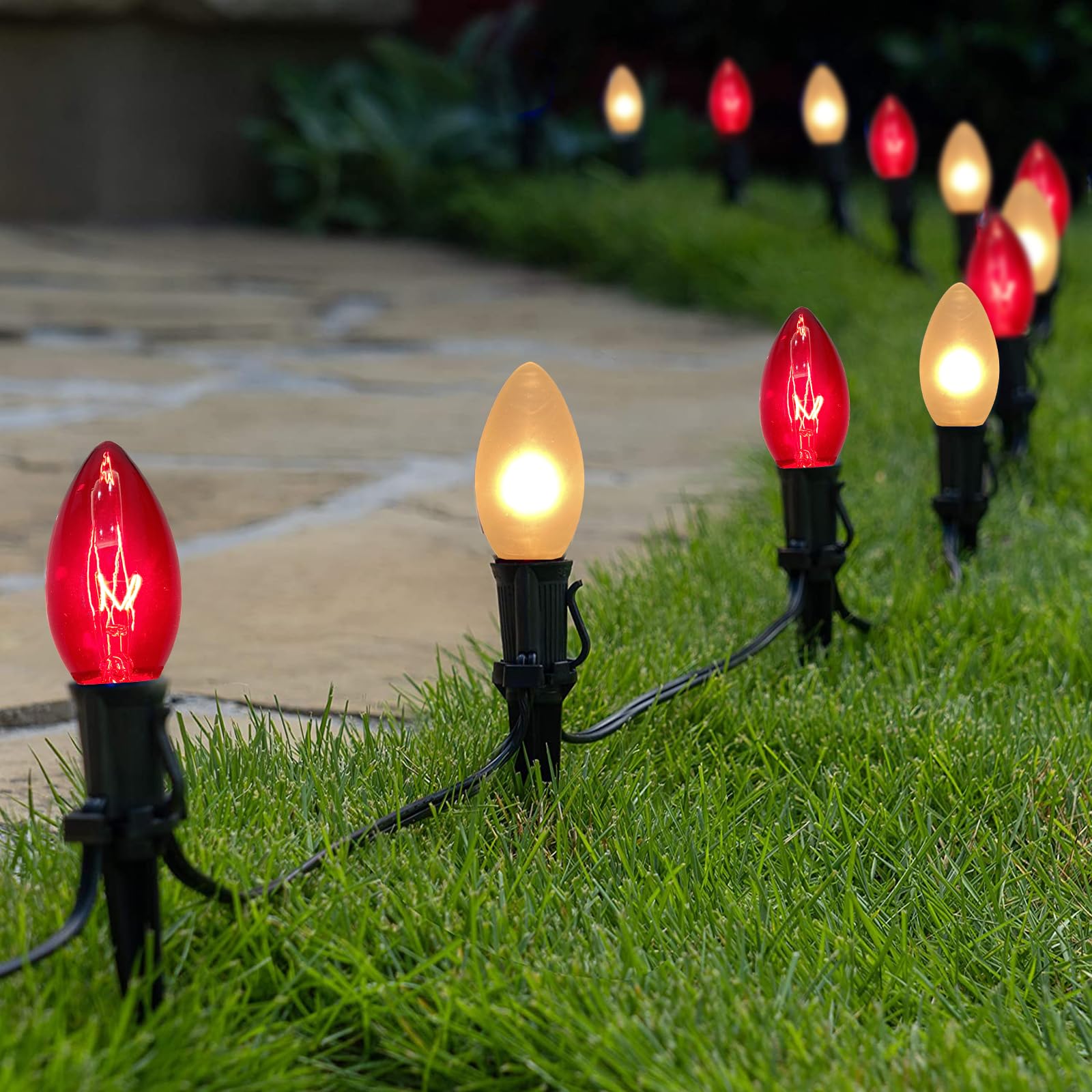 GOOTHY C9 Christmas Lights 25Ft with 26 Red Frosted White Bulbs, Waterproof Vintage Decorations for Outdoor Patio Roofline