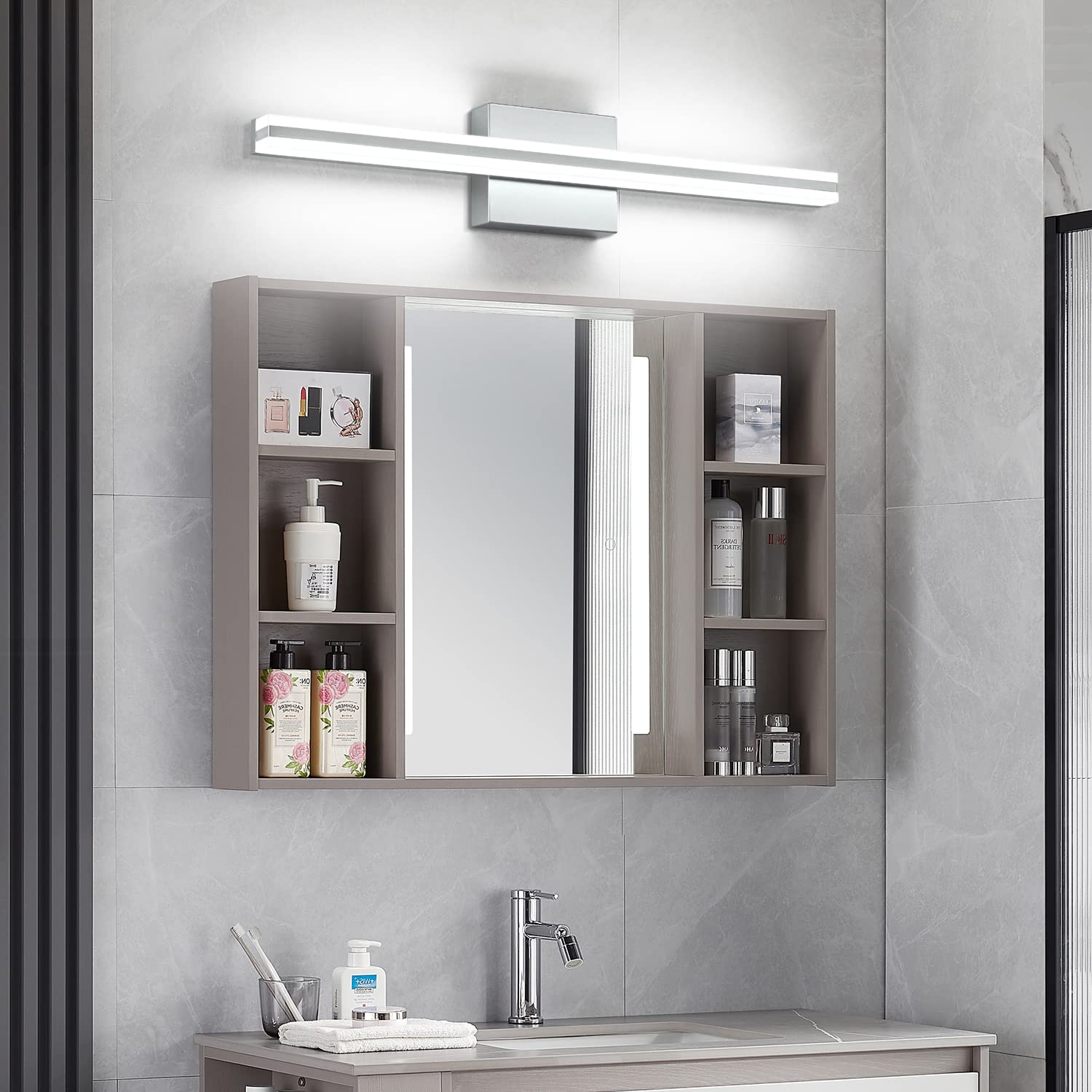 Solfart Silver Bathroom Vanity Lighting Fixtures Modern Led Lights Dimmable Vanity Light Over Mirror With Acrylic Light Bar
