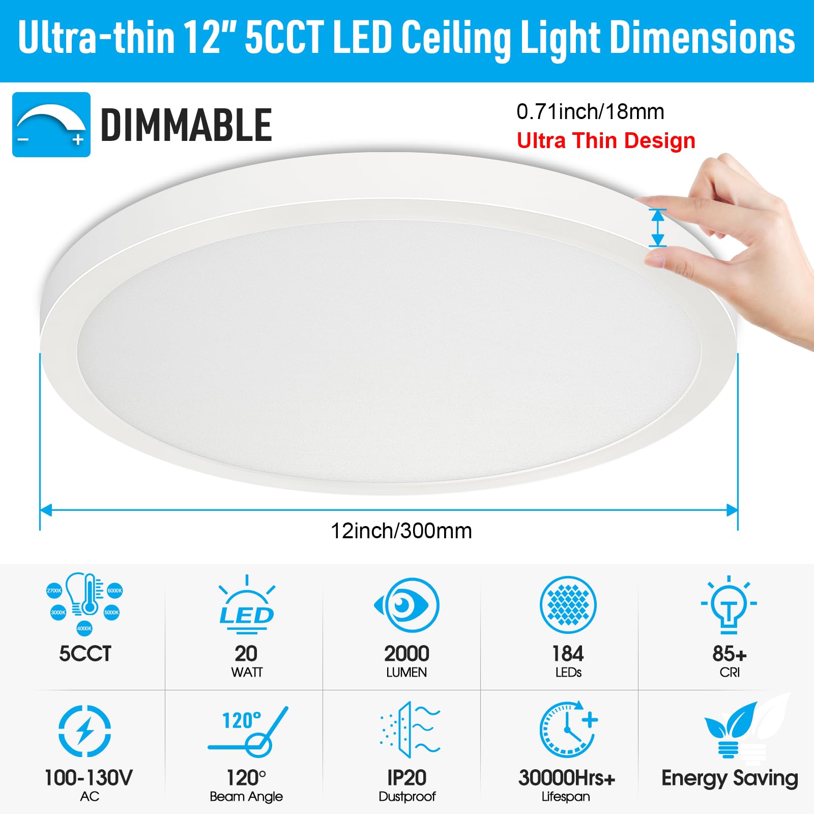Sunrider 4-Pack Led Flush Mount Ceiling Lights, Dimmable 5Cct Selectable 2700K-6000K, 12Inch 20W 2000Lm Bedroom Round Flat Light Fixture, 200W Equiv.