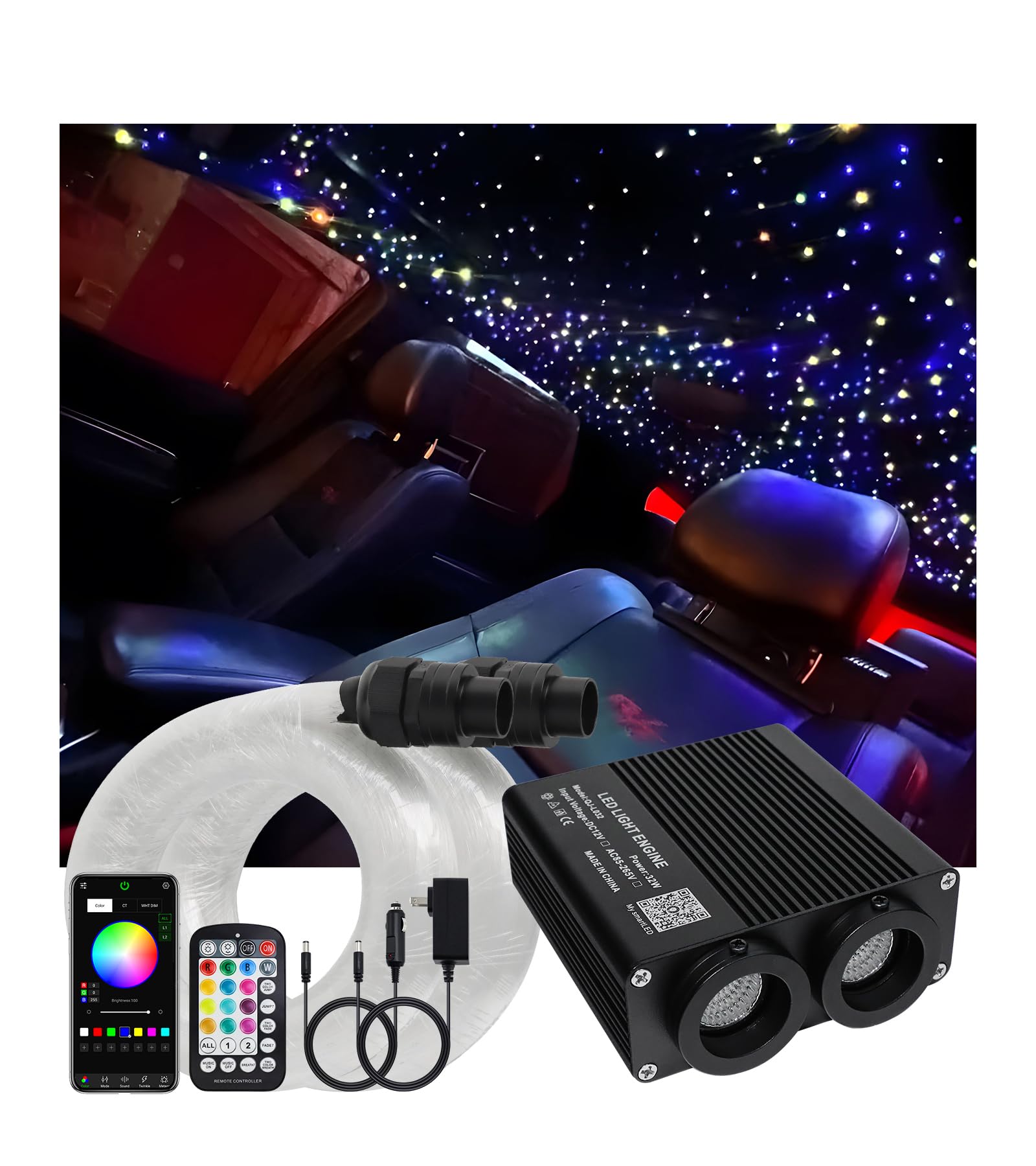Meeby 32W RGBW APP Small Size Fiber Optic Lights  Music Activated 600pcs*0.03in(9.8ft/3m) Optical Fiber Star Ceiling Light Kit for Car Headliner Star/Home