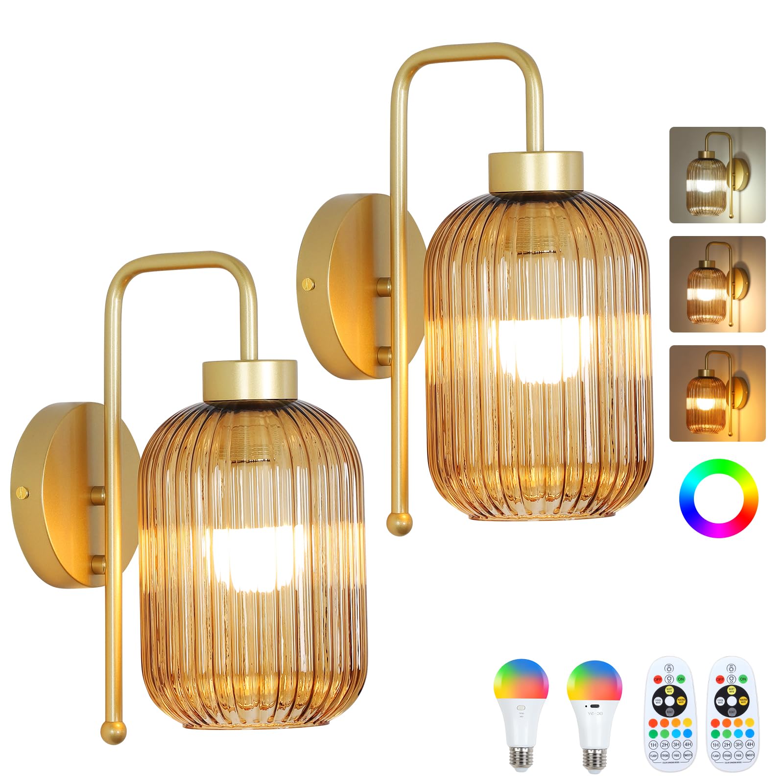 LAMSU Vintage Gold Wireless Wall Sconces Battery Operated, Rechargeable Wall Lights Set of 2 with Amber Stripe Glass Shade, Remo
