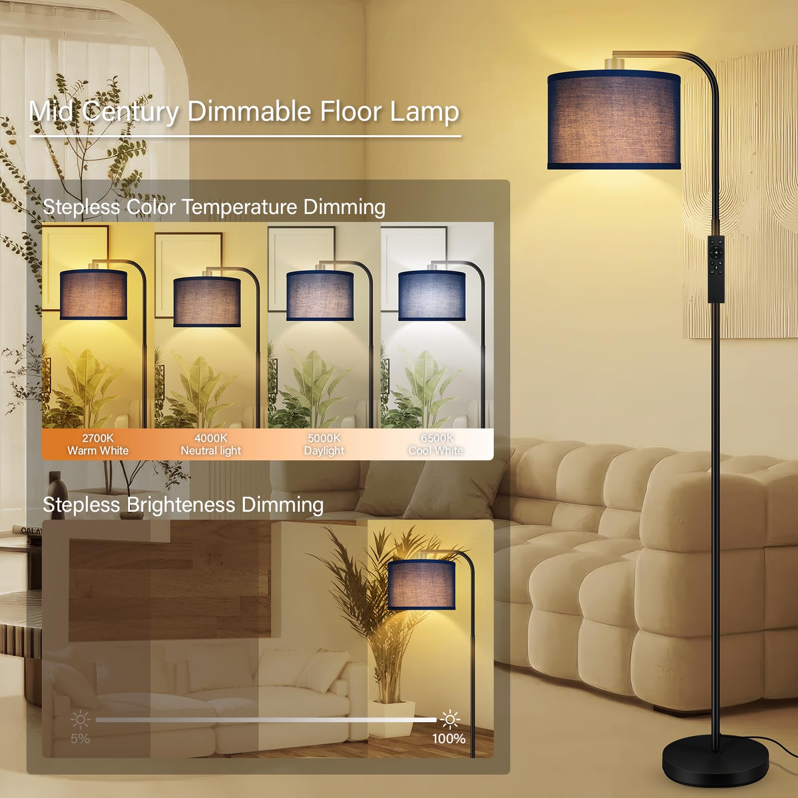 Dimmable Floor Lamp For Living Room,Arc Sofa Lamps With Remote,Stepless Dimmable & Colors Temperature,2700K-6500K,67 In,Flexible